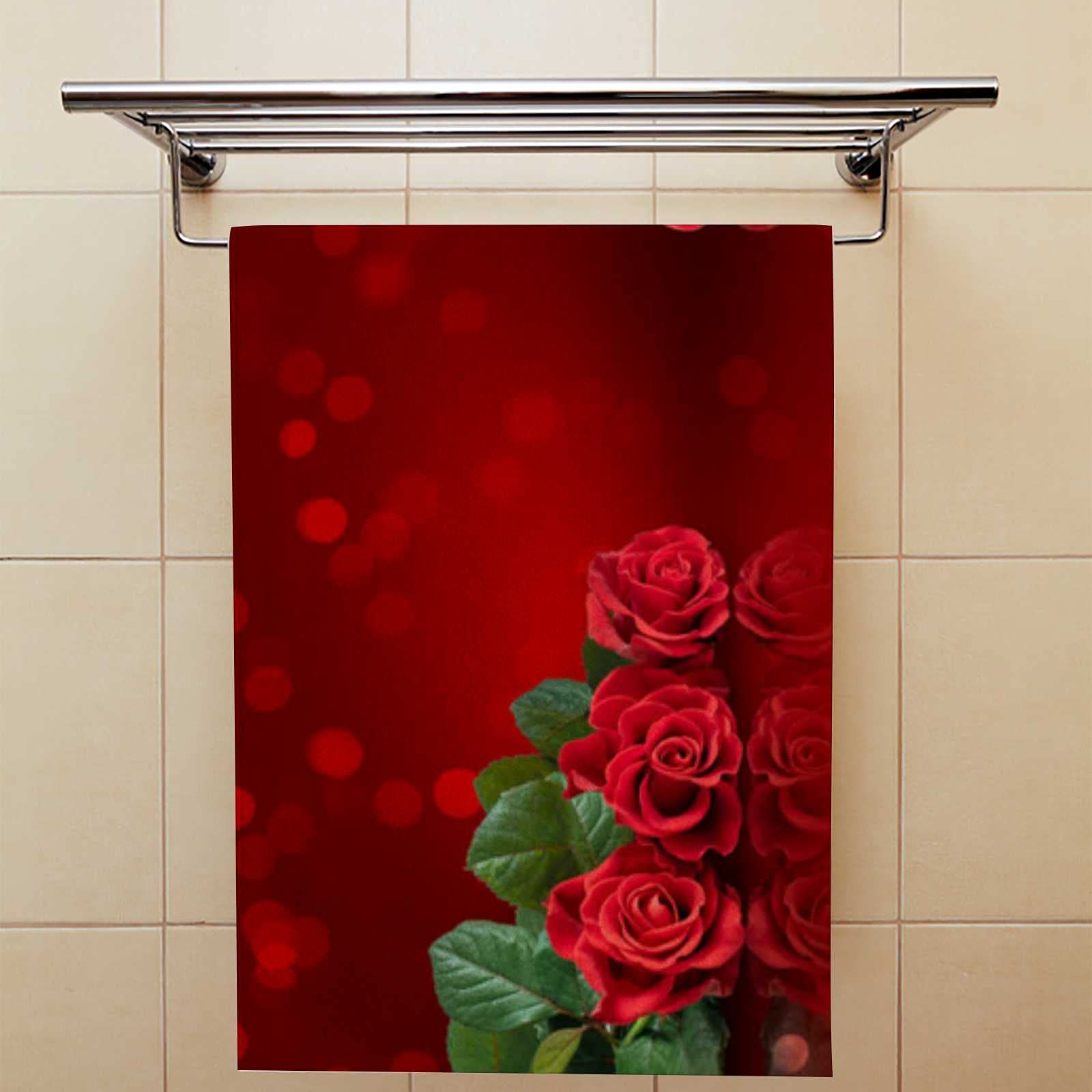 Kuizee Microfiber Hand Towel & Face Towel Set (2-Pack) - Valentine's Day Red Roses Heart Design, Quick-Drying, Highly Absorbent, Ultra Soft - 30x15 Inches for Bathroom, Kitchen & Spa Use