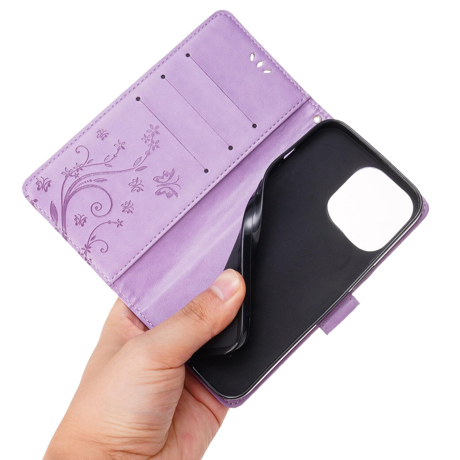 Premium PU Leather Flip Case for iPhone 15 Pro - Shockproof Butterfly Embossed Wallet Case with Kickstand, Card Holder, Lanyard & One-Touch Pen (Light Purple) - Perfect for Work, Travel & Everyday Protection