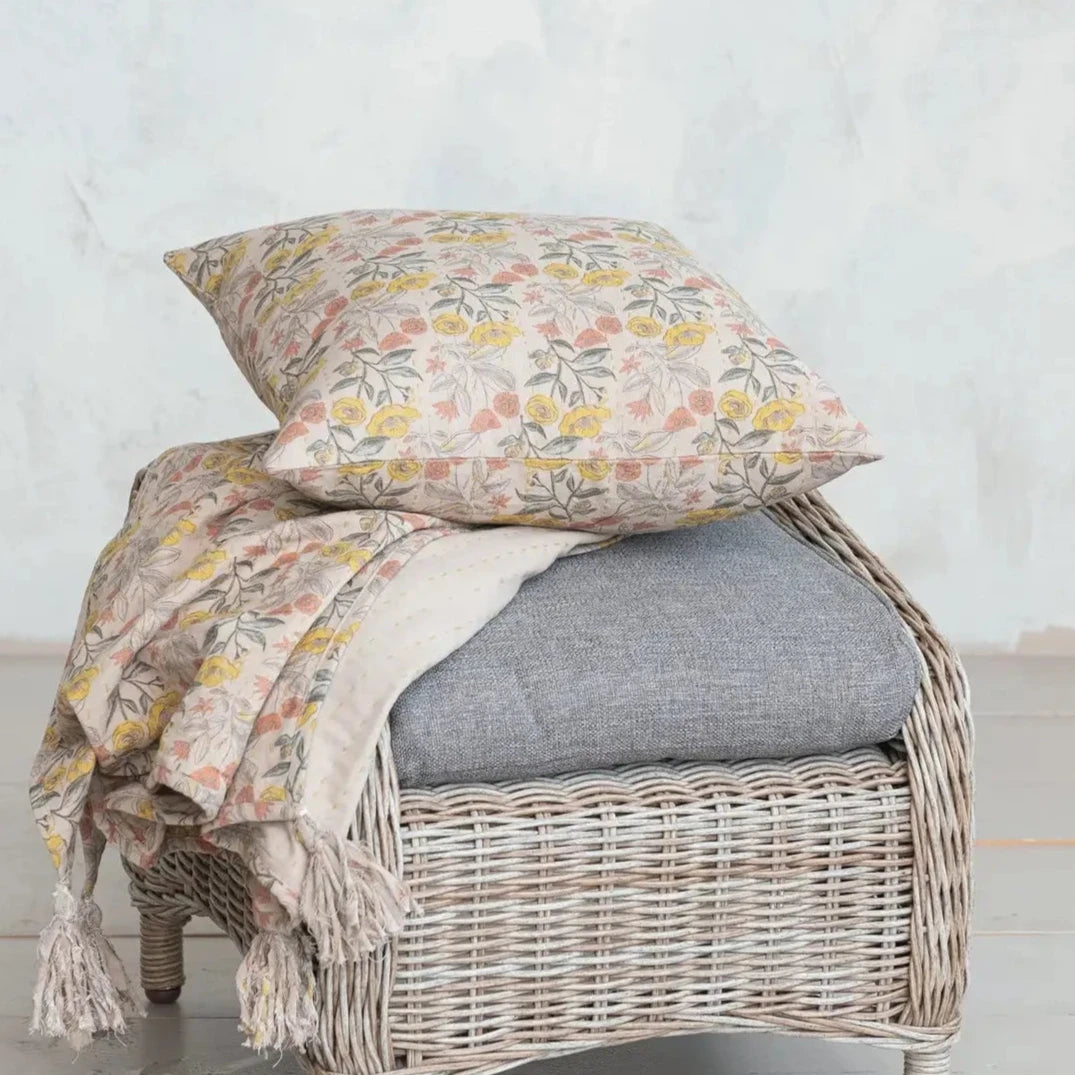 Soft Cotton Chambray Floral Pillow Cover with Handmade Kantha Stitch - Boho Home Decor for Living Room, Bedroom & Nursery