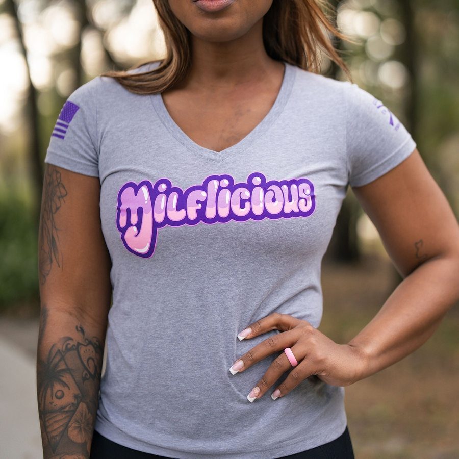 Women's Milflicious V-Neck T-Shirt - Soft Heather Gray Cotton Tee for Casual Wear & Everyday Outfits