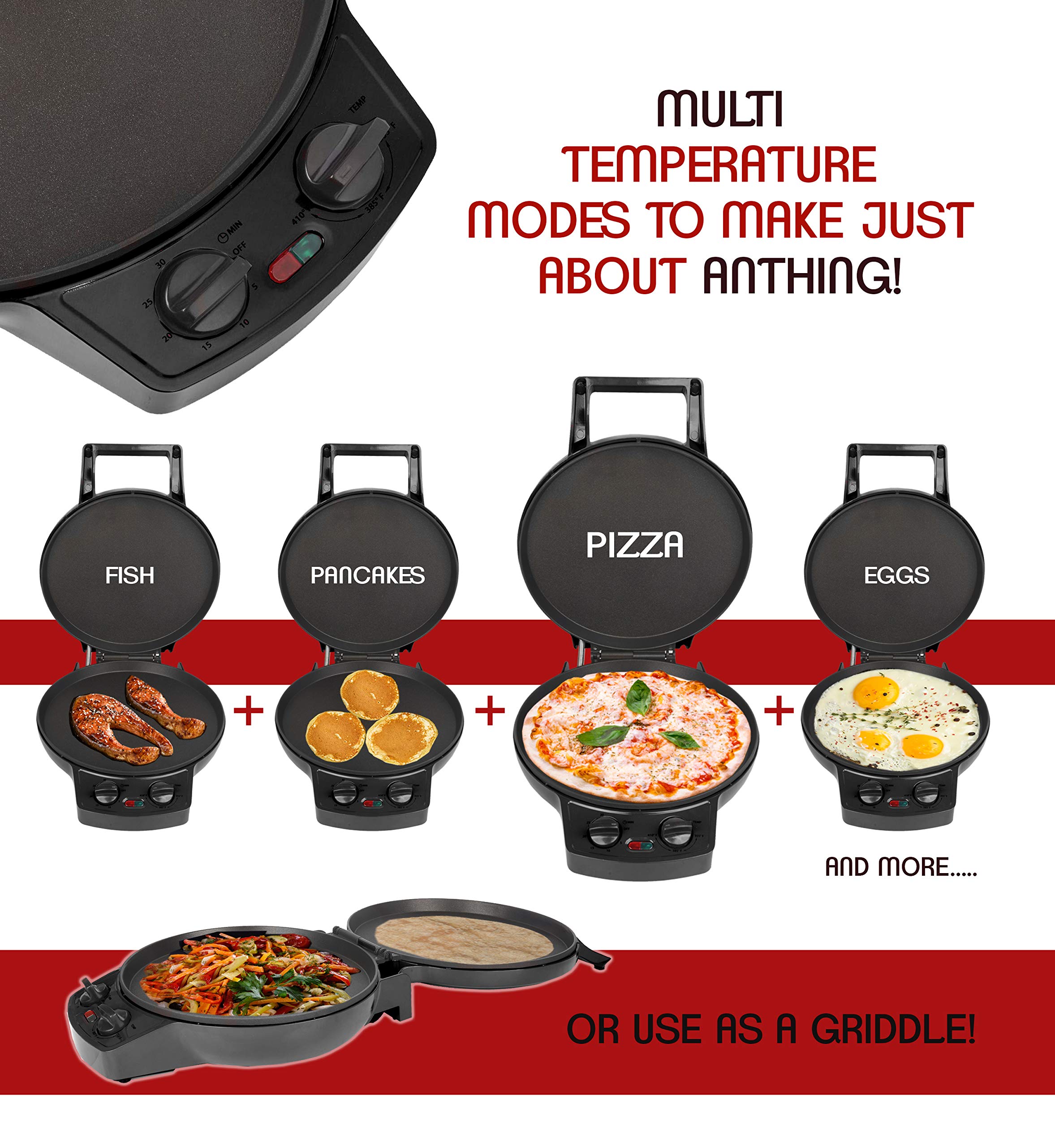 12 Inch Courant Pizza Maker & Calzone Maker with Timer & Temperature Control - 1440W Electric Pizza Oven & Indoor Grill for Home Kitchen - Perfect for Family Pizza Nights, Party Snacks & Quick Weeknight Dinners (Black)