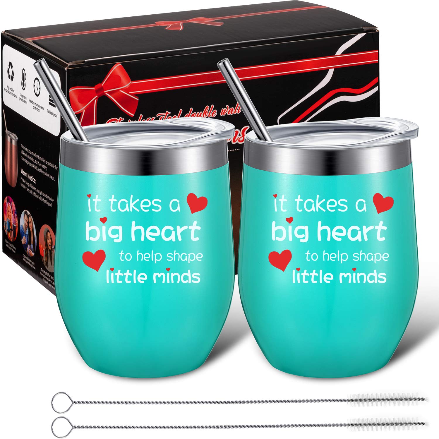Boao 2-Pack Teacher Appreciation Gifts - 12oz Vacuum Wine Tumbler with Lid & Straw - Perfect for Educators & Thank You Presents