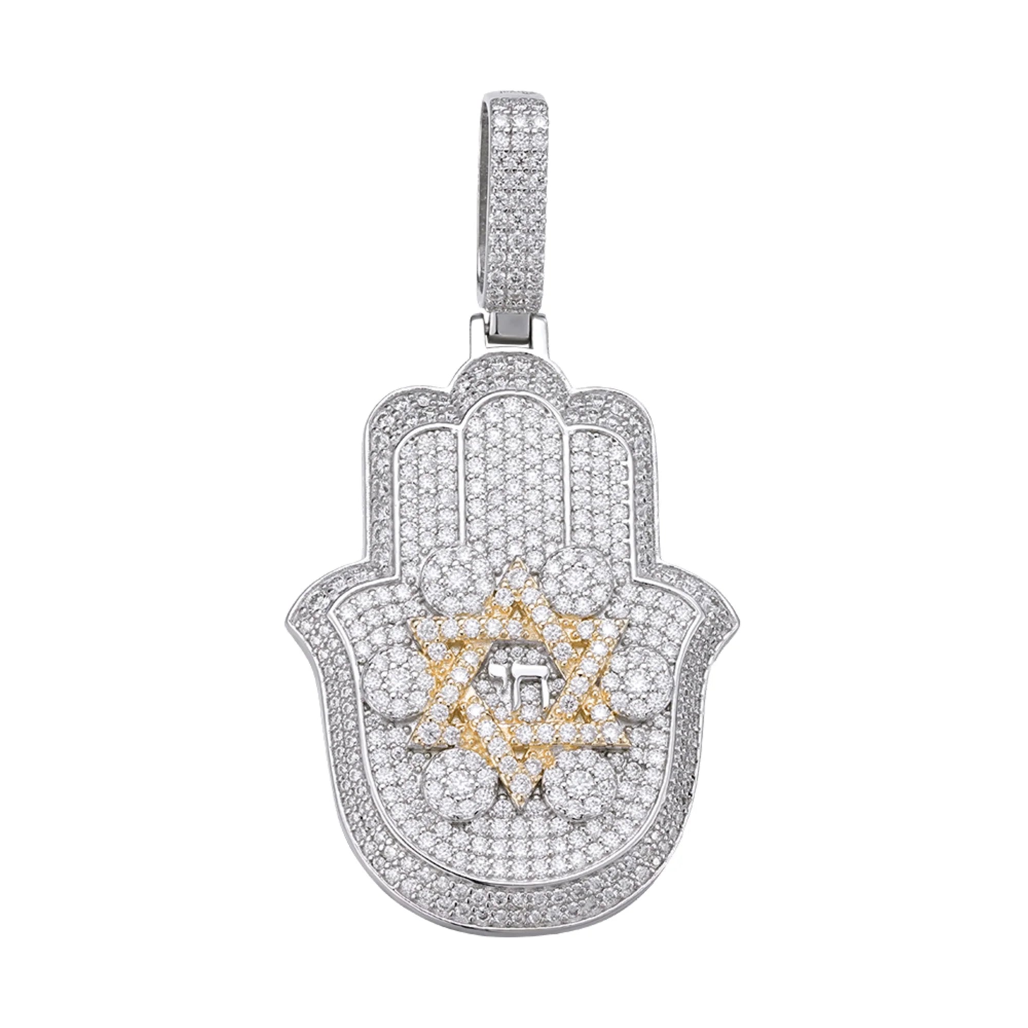 Moissanite 2 Tone Gold Hamsa Hand Pendant Necklace - 925 Sterling Silver Jewelry for Women - Perfect for Everyday Wear, Gift Giving & Spiritual Protection