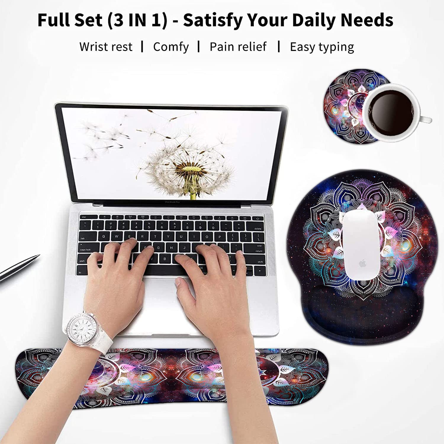 Ergonomic Keyboard Wrist Rest & Mouse Pad Set with Memory Foam - Comfortable Gel Support for Pain Relief During Typing & Gaming (Starry Sky Mandala Design) - Perfect for Office, Home & Gaming Setup
