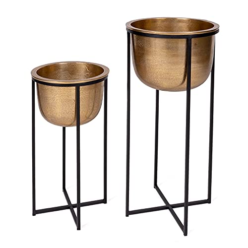 Gild Design House Cyrena Gold and Black Metal Floor Planters Set of 2 - Modern Indoor/Outdoor Flower Pots for Home Decor, Living Room, Patio, Garden - Large Plant Containers for Houseplants, Succulents, Foliage