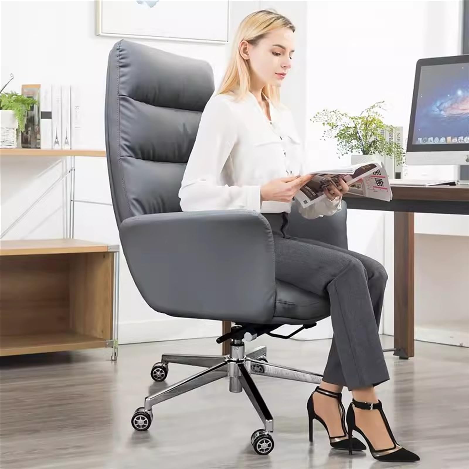 Ergonomic Office Chair - Grey PU Leather High Back Desk Chair with Adjustable Height, Lumbar Support & 360° Swivel - Perfect for Home Office, Gaming & Workspaces