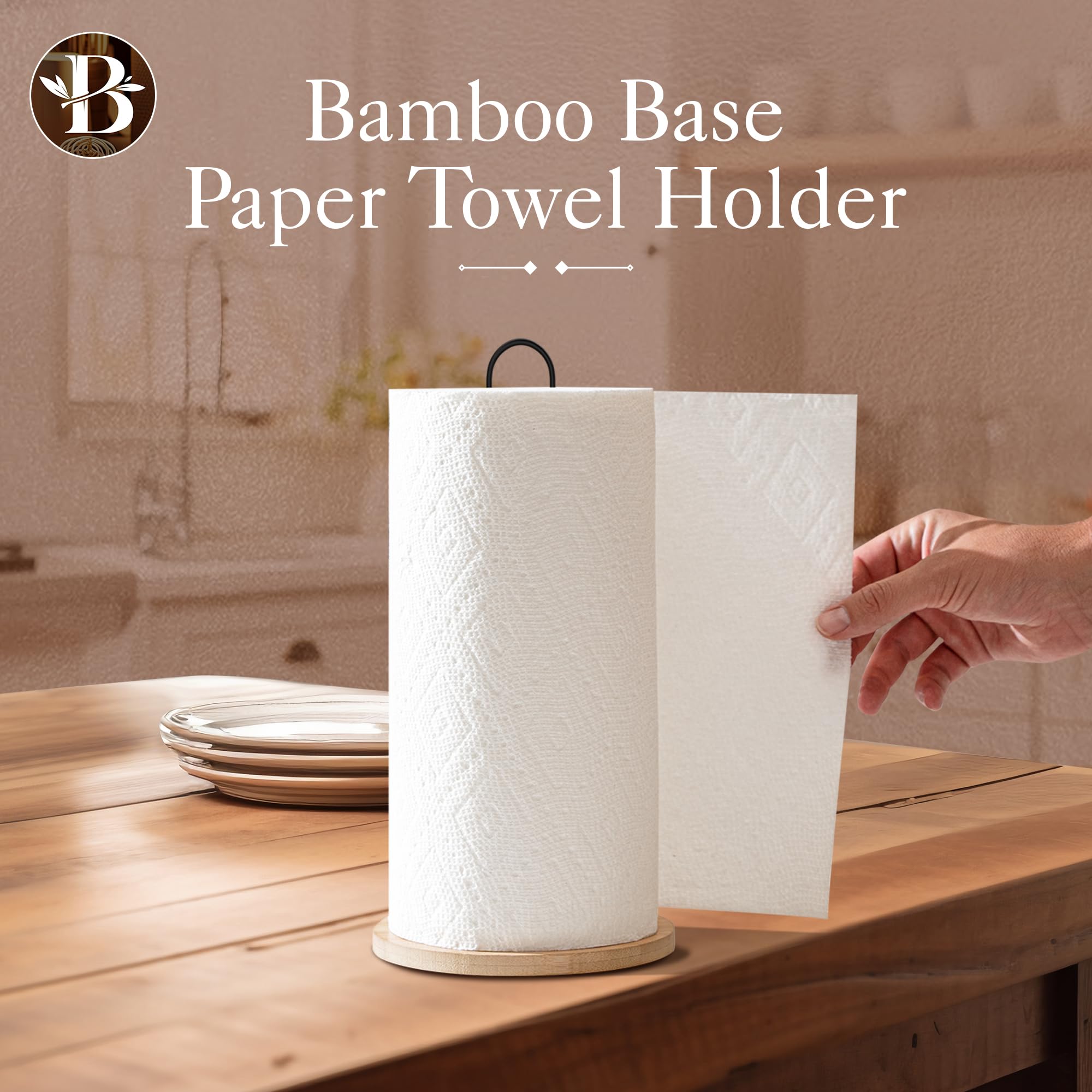 Premium Wooden Paper Towel Holder with Non-Slip Base - Modern Minimalist Countertop Dispenser for Kitchen, Home & Office - Black Bamboo Stand by Bambüsi - Perfect for Easy Access & Stylish Organization