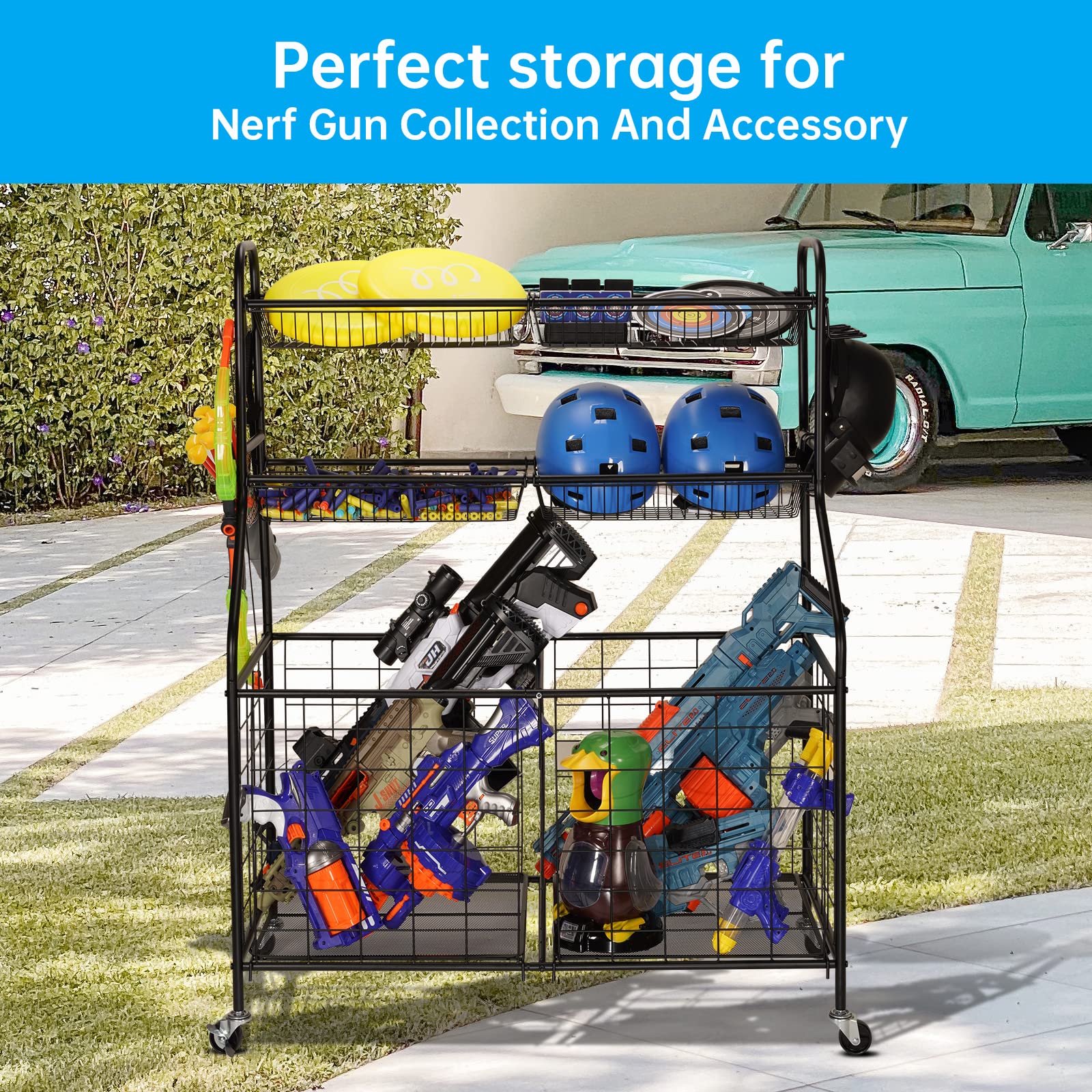 Garage Sports Equipment Organizer - Heavy Duty Steel Ball Storage Rack & Toy Organizer with Wheels for Nerf Guns, Basketballs, Soccer Balls - Perfect for School Gym, Playroom & Garage Storage (Black)