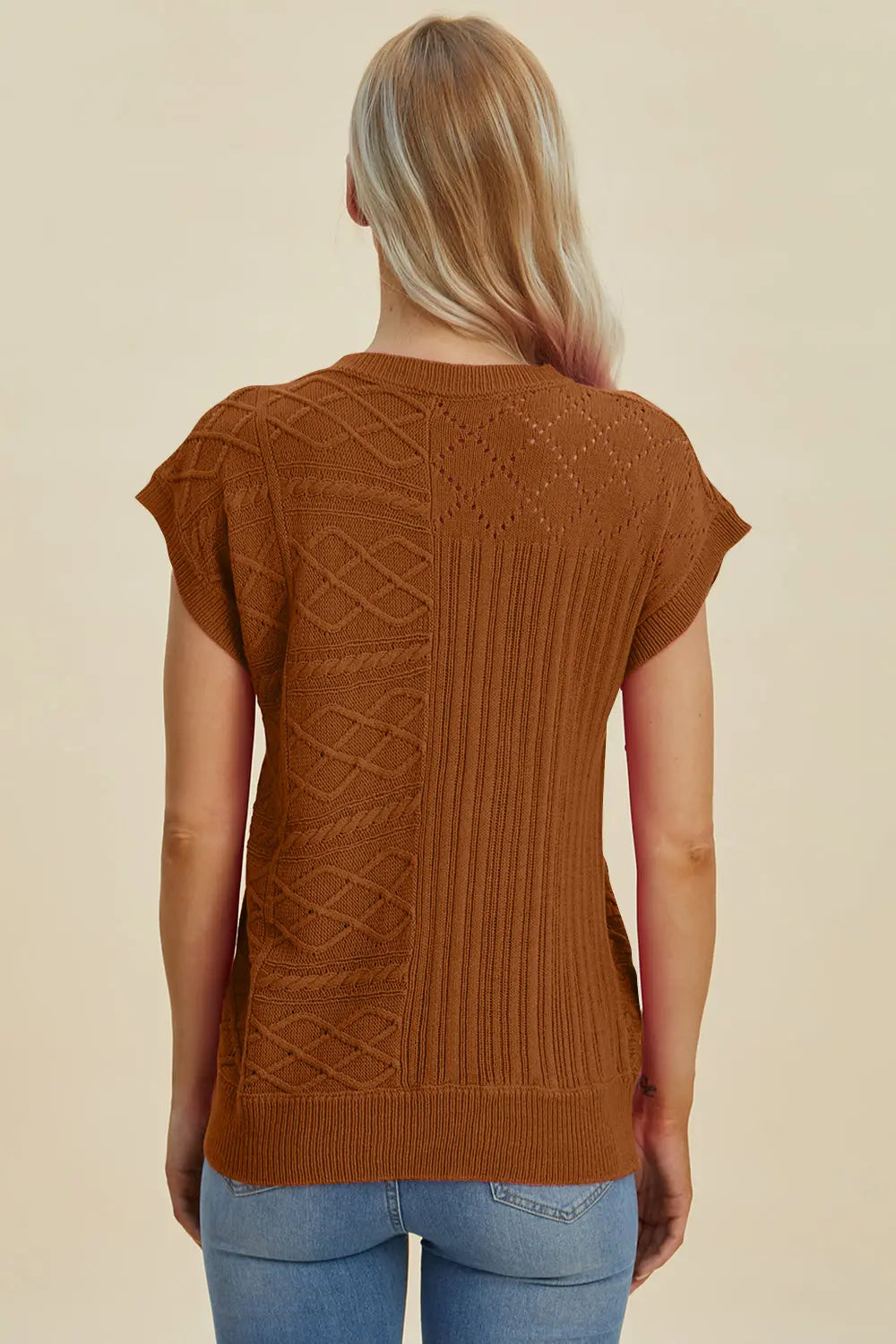Double Take Full Size Cable Knit Round Neck Cap Sleeve Sweater for Women - Cozy Winter Pullover for Office, Date Night & Casual Outfits