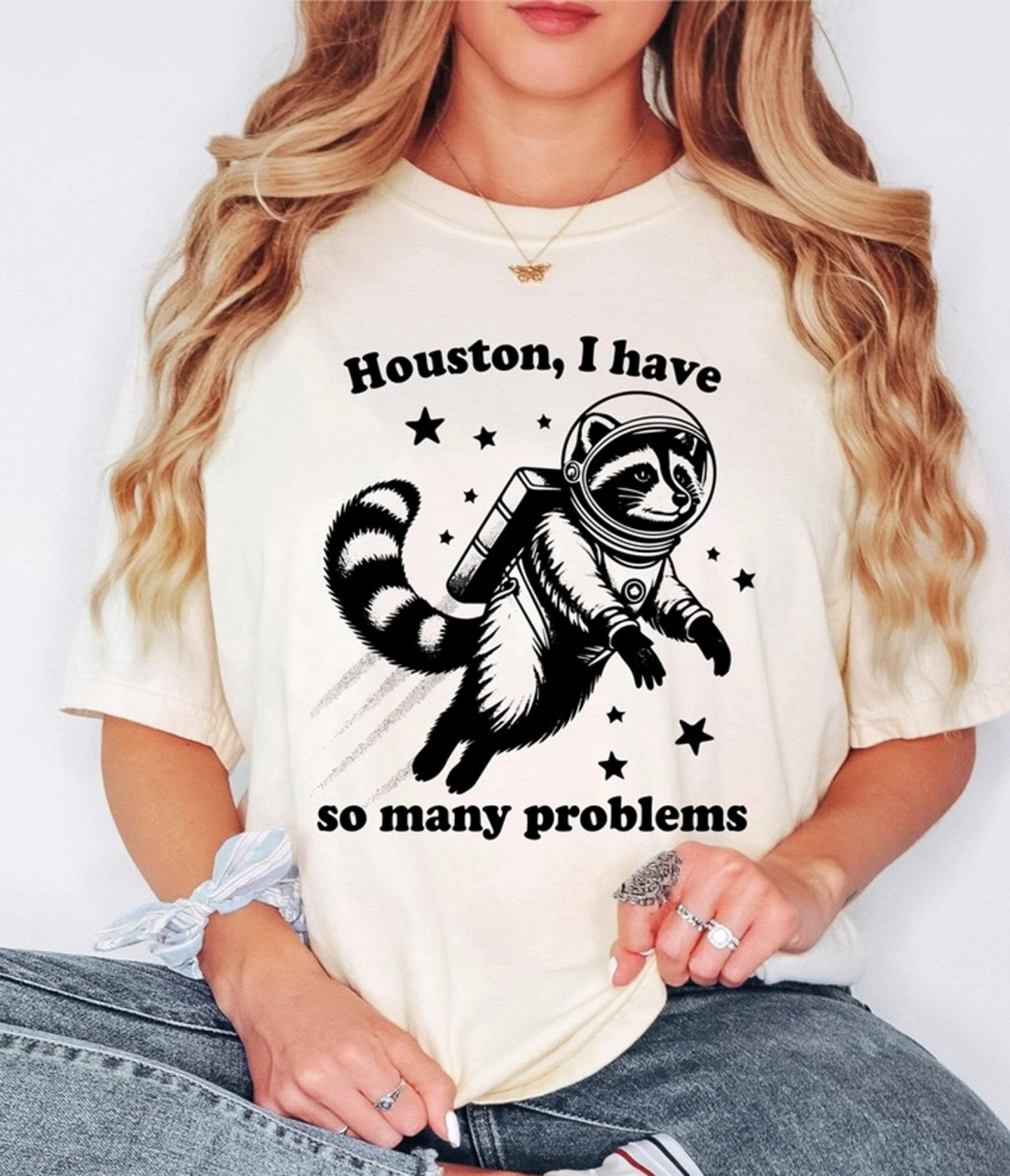 Houston I Have So Many Problems Raccoon Astronaut Graphic T-Shirt - Funny Space Themed Unisex Tee for Men & Women - Perfect for Casual Wear, Cosplay, and Astronomy Enthusiasts