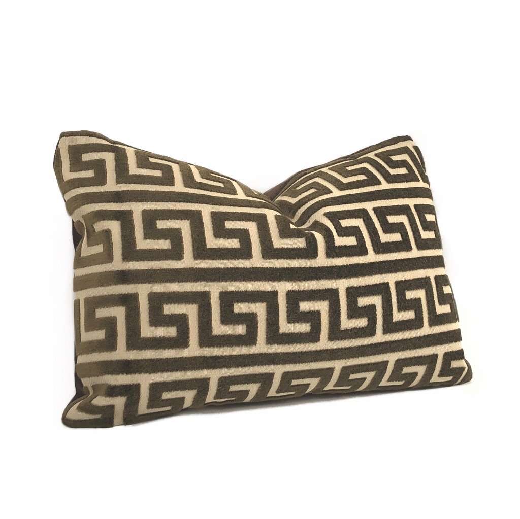 Logan Brown Greek Key Stripe Cut Velvet Pillow Cover - Decorative Throw Pillow Case (Fabric by the Yard Available) - Perfect for Sofa, Bedroom & Home Decor