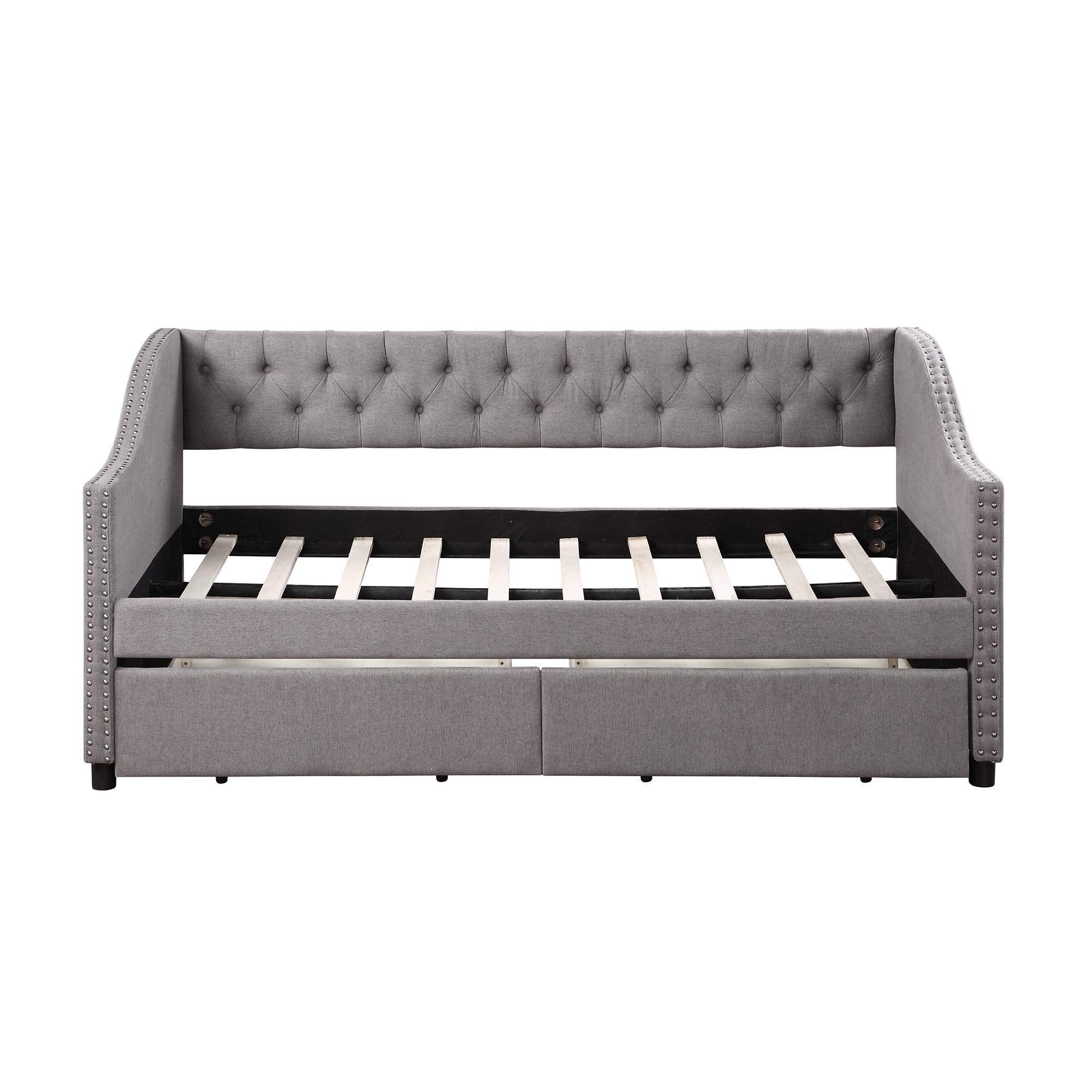 Modern Upholstered Daybed with Storage | Wood Twin Daybed with Drawers | Tufted Sofa Bed with Nailhead Trim for Living Room & Bedroom (Grey) | Perfect for Guest Rooms, Small Spaces & Multi-Functional Furniture Needs
