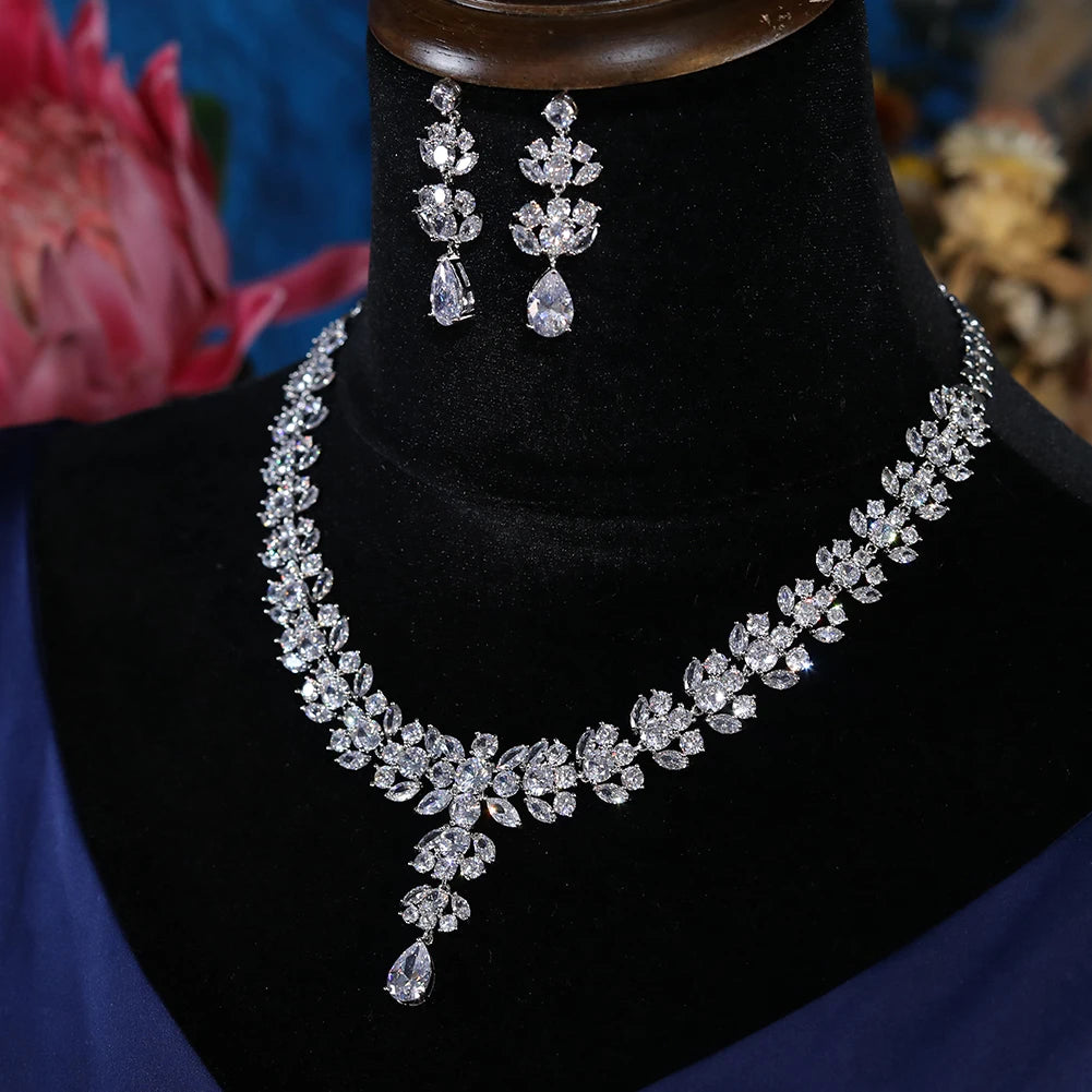 Elegant Bridal Jewelry Set - Sparkling Zircon Flower Necklace & Earrings for Weddings, Prom, Anniversary Gifts | Perfect for Brides, Bridesmaids, and Formal Occasions