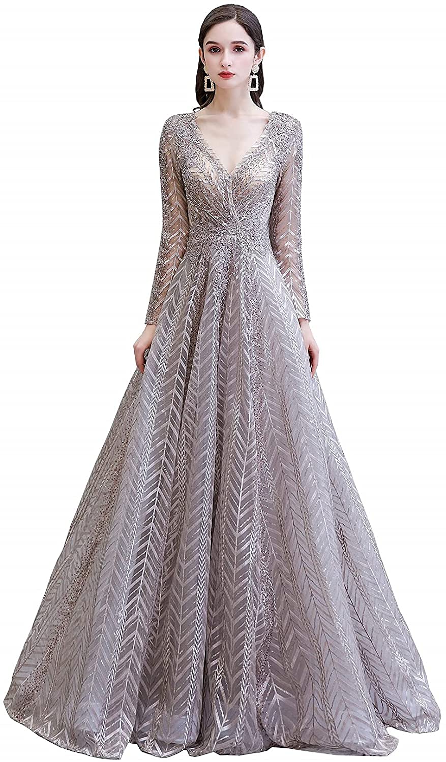 Elegant Long Sleeve Lace A-Line Evening Dress for Women - V-Neck Crystal Beaded Formal Gown for Prom, Wedding & Special Occasions