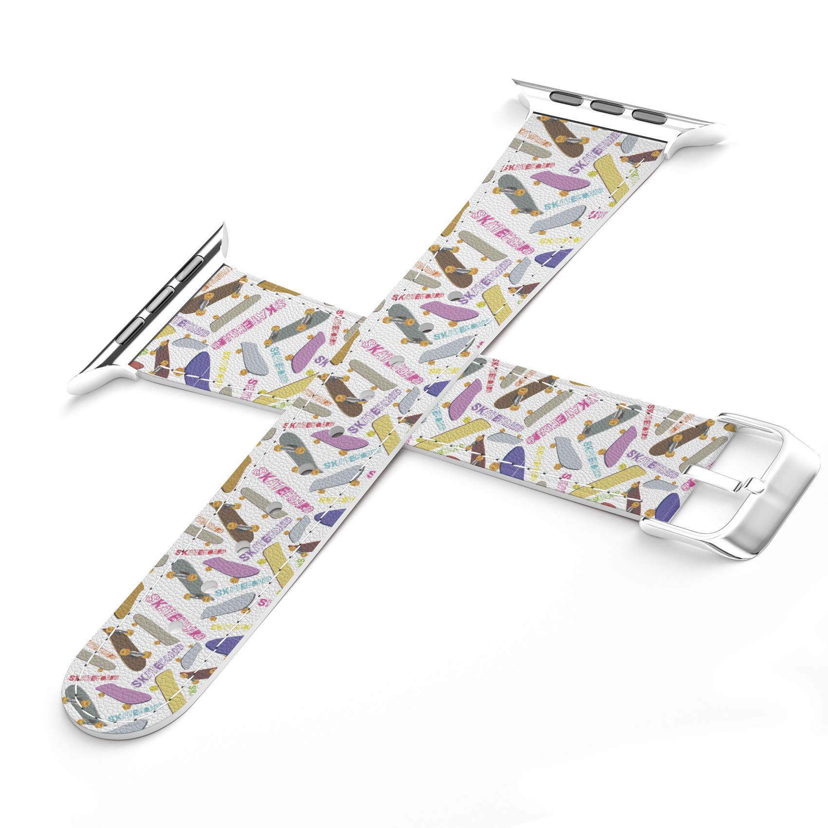Stylish PU Leather Wrist Band Compatible with Apple Watch Series 7/6/5/4/3/2/1/SE & Matching Phone Case - Skateboard Print Trendy Bracelet Strap for 38-40-41-42-44-45mm - Perfect for Teens, Sports & Everyday Wear