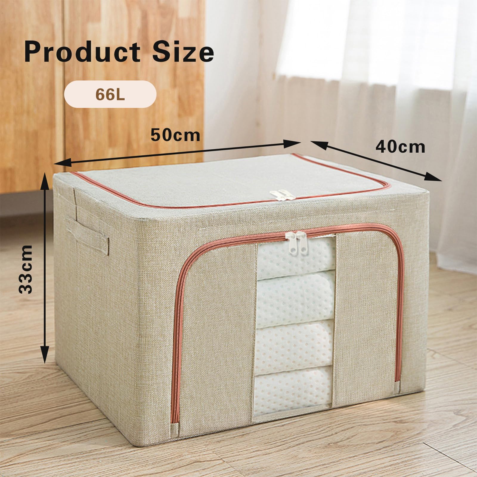 66L Steel Frame Storage Box with Clear Window - Extra Large Cloth Storage Organizer for Quilts, Blankets & Clothes - Foldable Fabric Wardrobe with Sturdy Zippers (Beige) | Perfect for Bedroom Closet, Seasonal Storage & Travel Organization