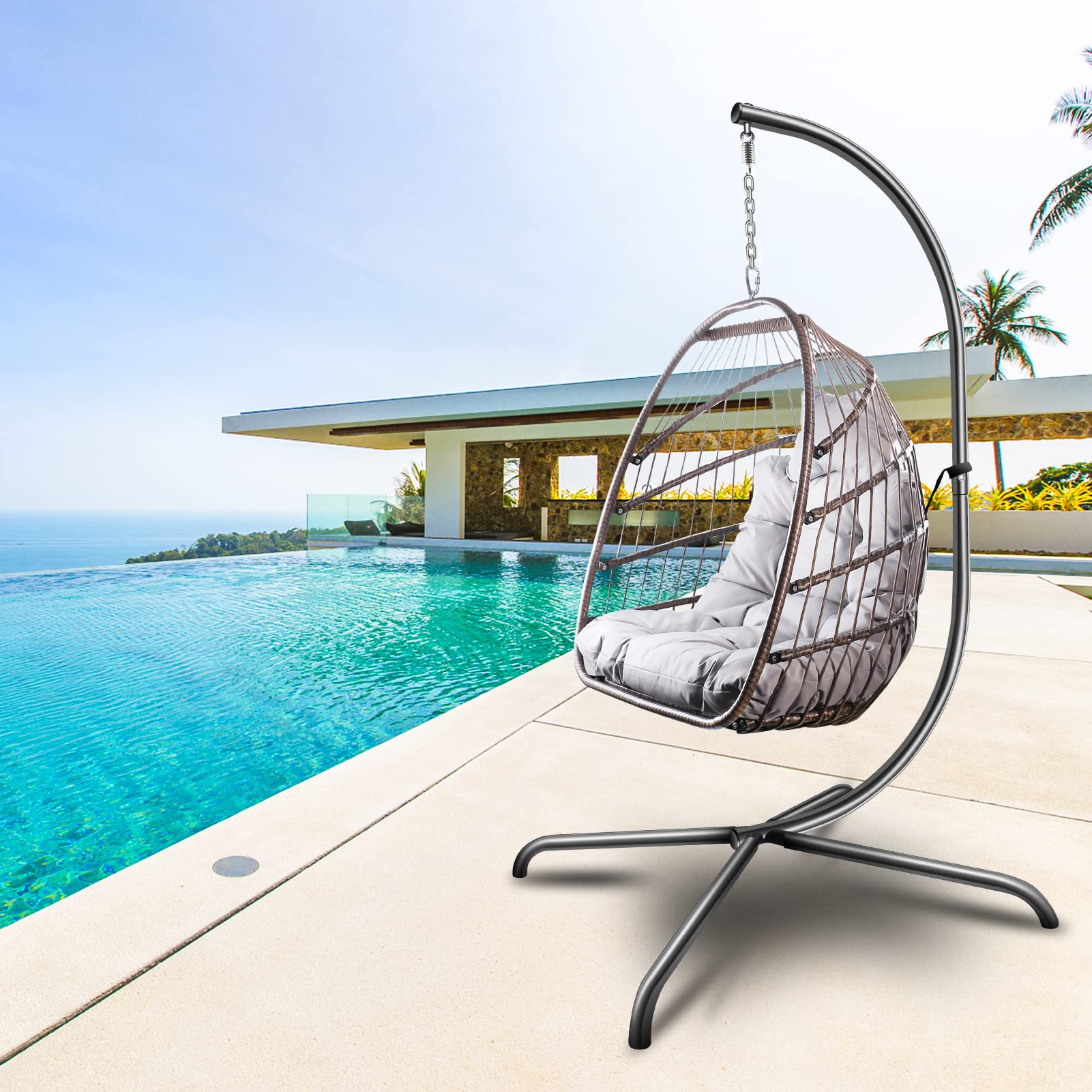 Hanging Swing Egg Chair with Stand - Indoor/Outdoor Wicker Rattan Patio Basket Chair with Cushion & Pillow - 350LBS Capacity Metal Frame Hammock - Perfect for Porch, Garden, Backyard & Balcony Relaxation (Brown)