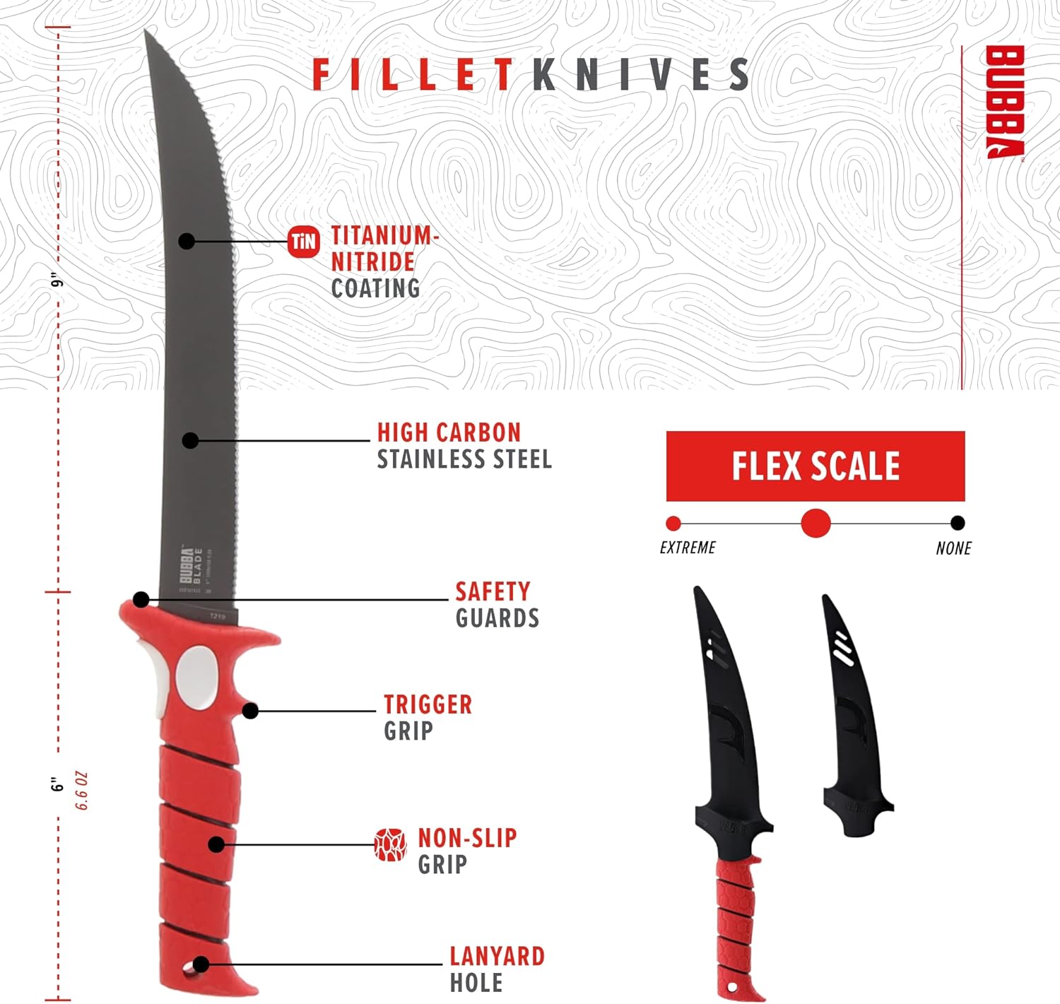 Bubba 9-Inch Serrated Flex Knife with Non-Slip Grip Handle & Sheath - Perfect for Fishing, Camping, and Outdoor Survival Gear