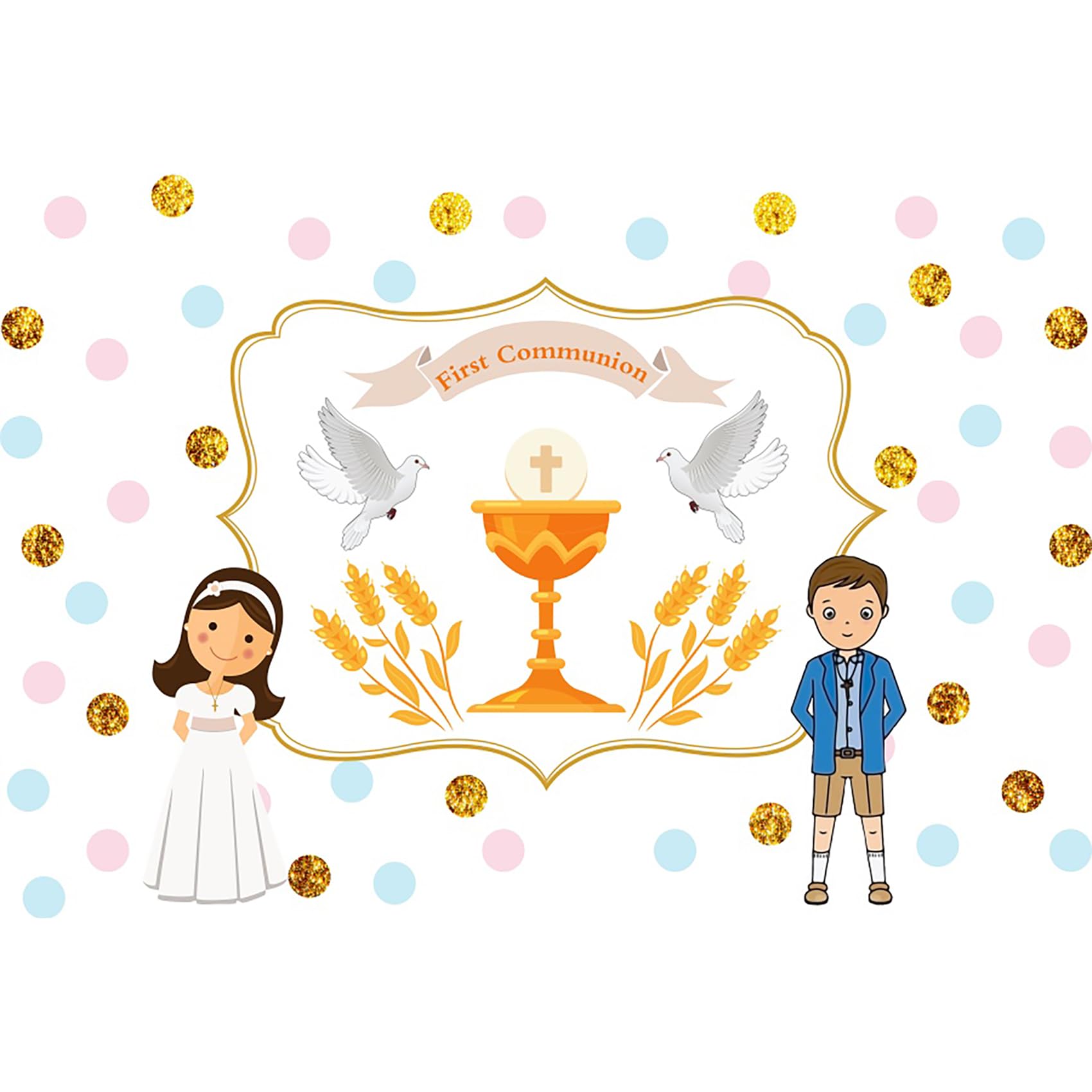 Baocicco 7x5ft First Communion Backdrop - Christian Photography Background with Holy Cross, Grail, Peace Dove & Wheat for Baptism, Religious Events - Perfect for Boys & Girls Church Celebrations & Photo Props