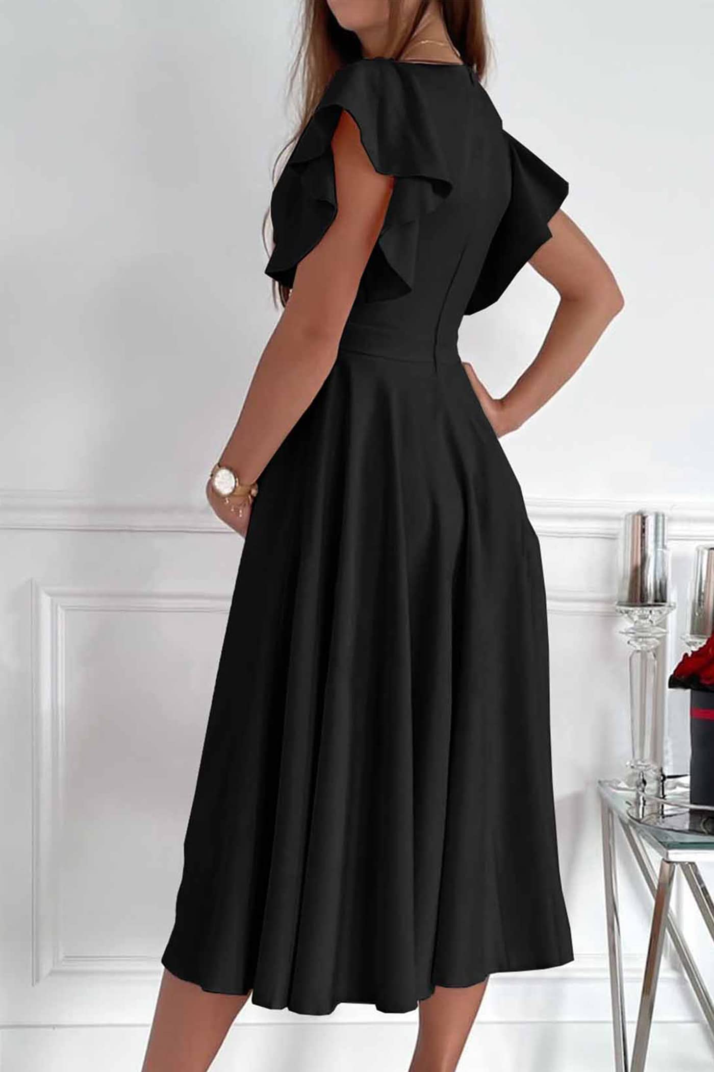 PRETTYGARDEN Women's Summer Midi Dress 2025 - Ruffle Sleeve V-Neck A-Line Cocktail Dress for Wedding Guest, Party, Date Night & Special Occasions