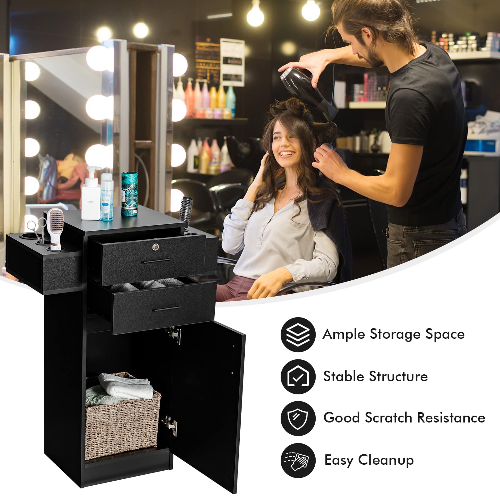 Giantex Salon Storage Cabinet with 2 Drawers & 6 Hair Dryer Holders - Wooden Beauty Salon Organizer for Styling Tools, Spa & Barber Station Equipment - Black (Perfect for Salon, Spa, Home & Professional Use)