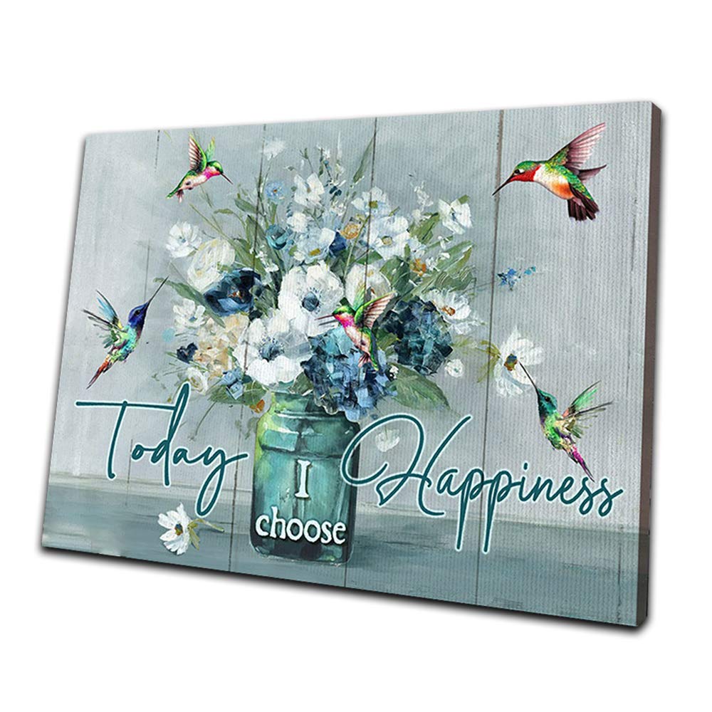 Rustic Canvas Wall Art - Teal Blue Flowers & Hummingbird Print with Happiness Quote, Country Style Wood Framed Home Decor (28x40 inches) | Perfect for Bedroom, Bathroom & Farmhouse Living Room Wall Decor