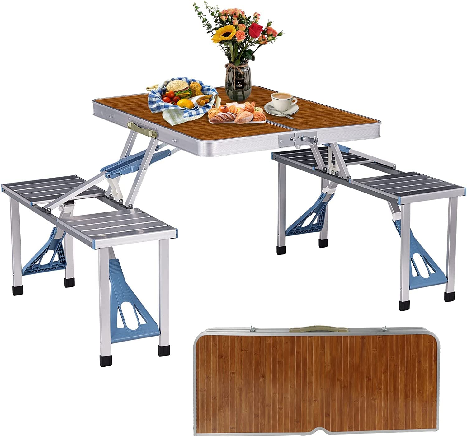 EUROSAKURA Portable Folding Picnic Table Set with 4 Seats, Umbrella Hole & Aluminum Frame - Lightweight Compact Camping Table for Beach, Backyard, Travel, Parties (Silver) | Perfect for Outdoor Picnics, BBQs, Camping Trips and Tailgating
