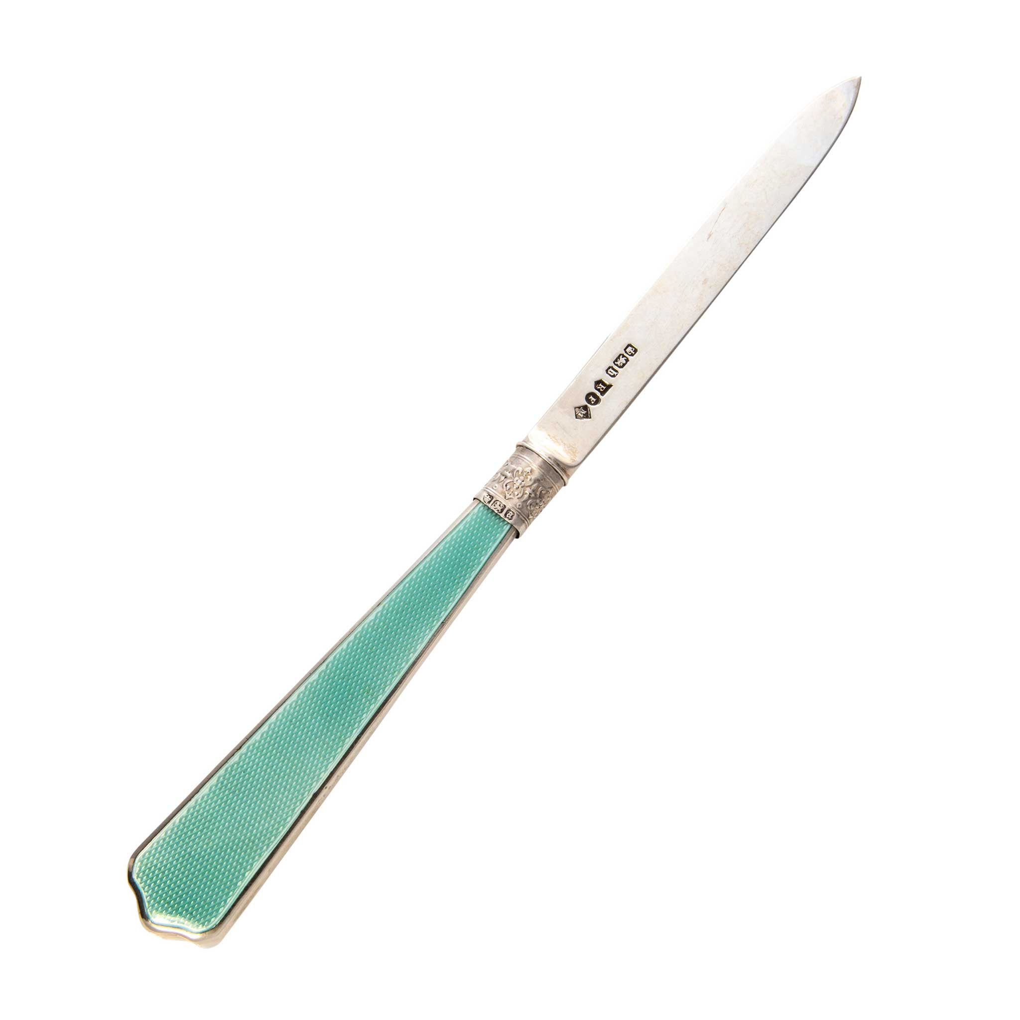 Antique Edwardian Seafoam Green Guilloché Enamel Sterling Silver Letter Opener - Vintage Desk Accessory for Home Office & Collectors