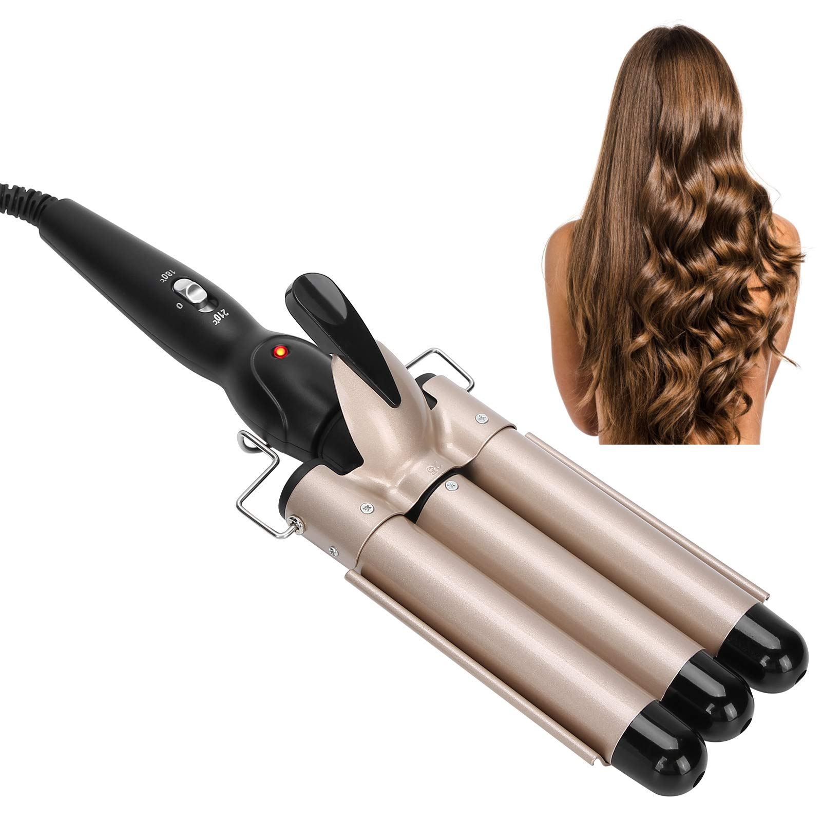3-Barrel Curling Iron Wand - Professional Electric Hair Crimper for Big Waves & Curls, Suitable for Long & Short Hair Styling (UK Plug, Gold) - Perfect for Beach Waves, Party Hairstyles & Everyday Looks