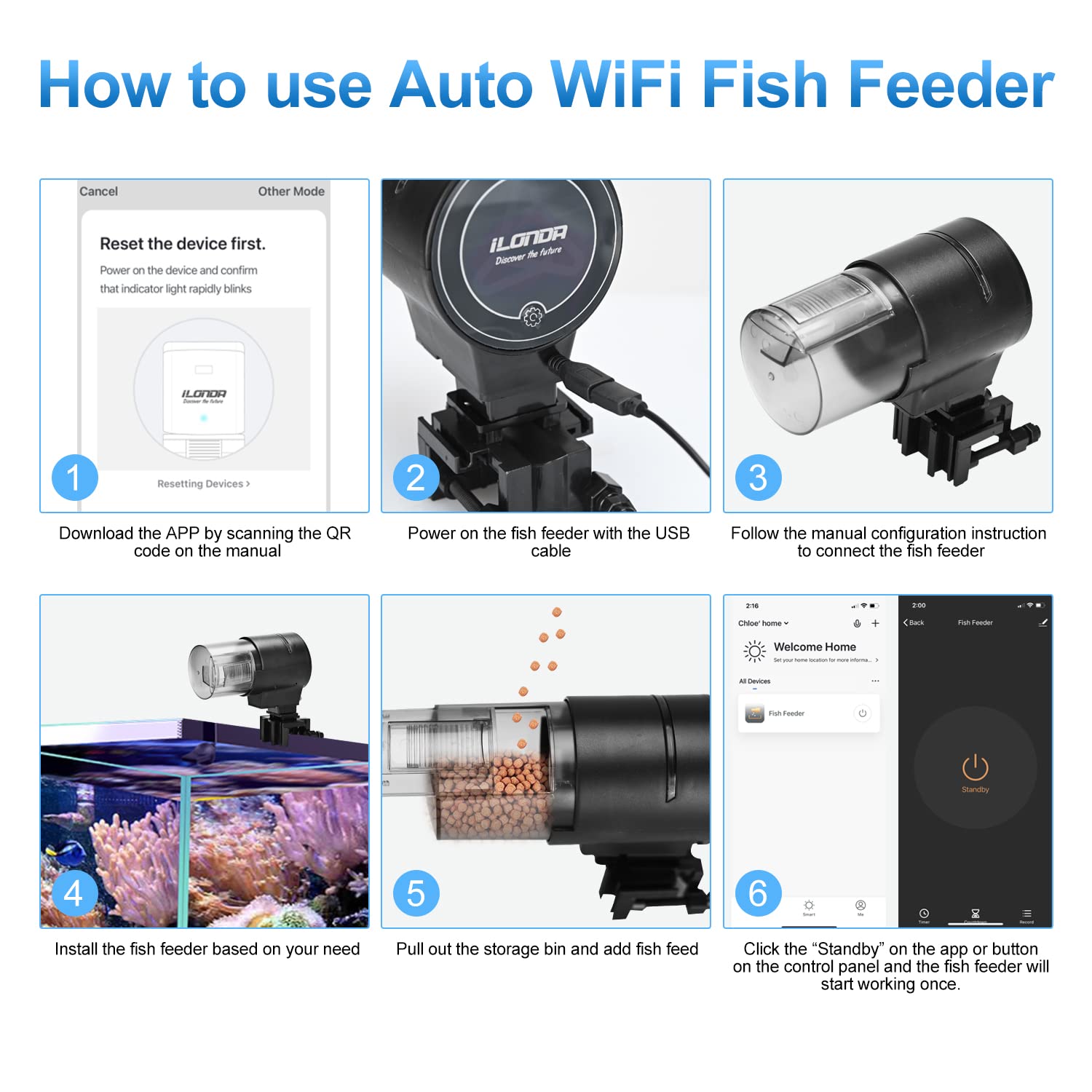 WiFi Automatic Fish Feeder with APP Control - 210ML Large Capacity Aquarium Food Dispenser for Fish & Turtle Tanks - USB Rechargeable - Smart Timer for Vacation Feeding - Perfect for Home, Office & Travel Use