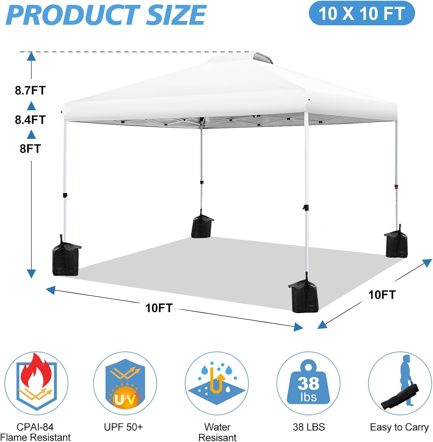 WEZIE 10x10 Pop Up Canopy Tent - One Button Quick Setup, Adjustable Height Gazebo with 4 Weight Bags | Portable Instant Shelter with Silver Coated Top & Sun Protection | Perfect for Outdoor Events, Camping, Beach Parties, Backyard Gatherings & Farmers Markets