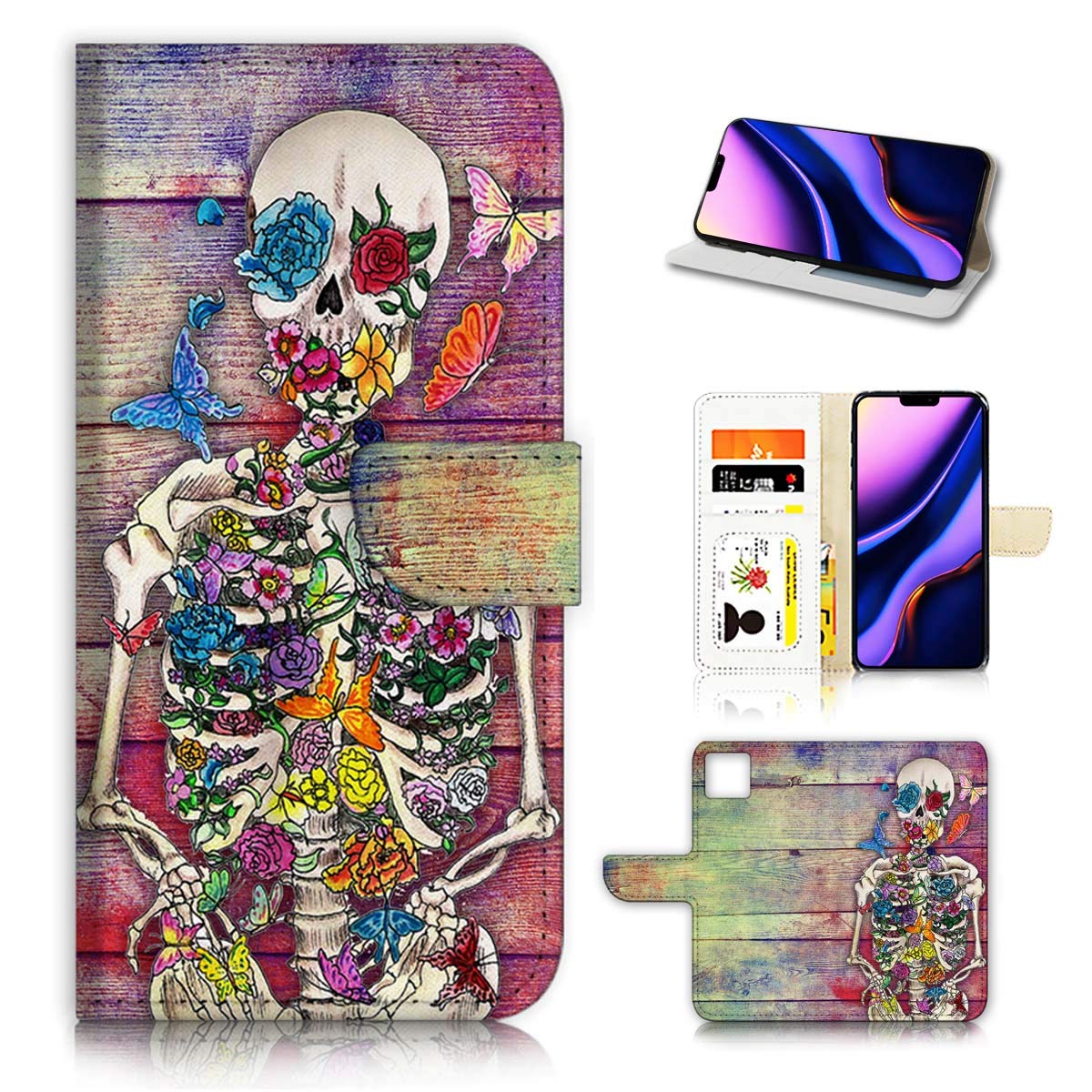 Sugar Skull Skeleton Flip Wallet Case for iPhone 11 - Slim Protective Phone Cover with Card Slots | Perfect for Everyday Use, Travel & Hands-Free Convenience
