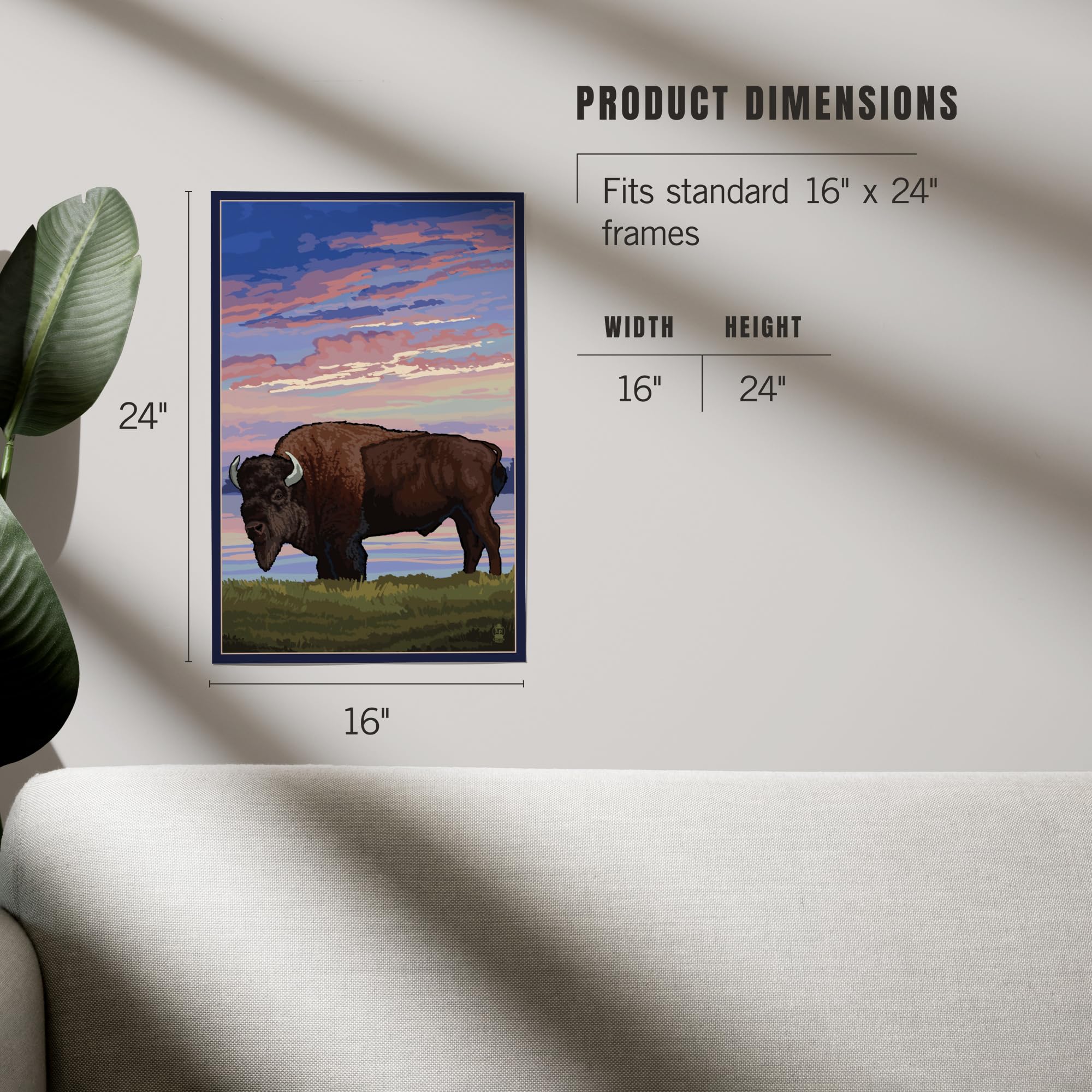 Lantern Press 16x24 Inch Giclee Art Print - Bison and Sunset Landscape Wall Decor | Premium Canvas Painting for Living Room, Bedroom & Office