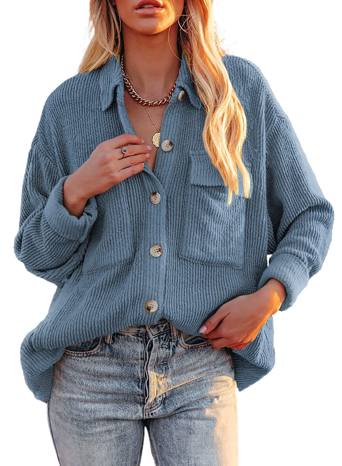 Dokotoo Women's Corduroy Shacket - Long Sleeve Button Down Shirt Jacket for Casual Wear | Perfect for Fall Outfits, Office Style & Weekend Layering