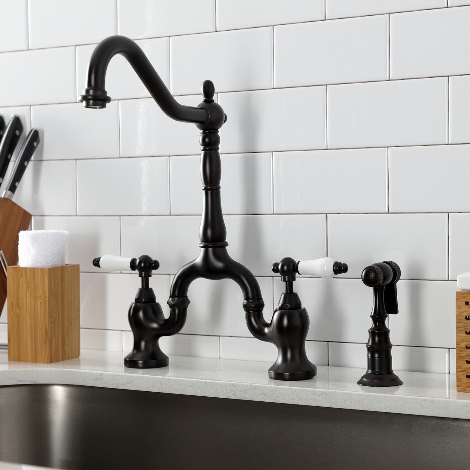 English Country Two-Handle 3-Hole Deck Mount Bridge Kitchen Faucet with Brass Side Sprayer - Perfect for Farmhouse & Traditional Kitchen Sinks