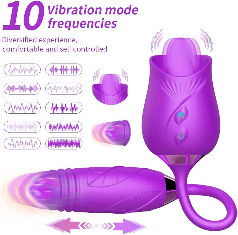 3 in 1 Rose Toy for Adults - Purple Vibrating, Thrusting & Tongue Licking Pleasure Device with Easy Operation | YR3+6 * 7 | Perfect for Couples Play, Solo Exploration & Sensual Massage