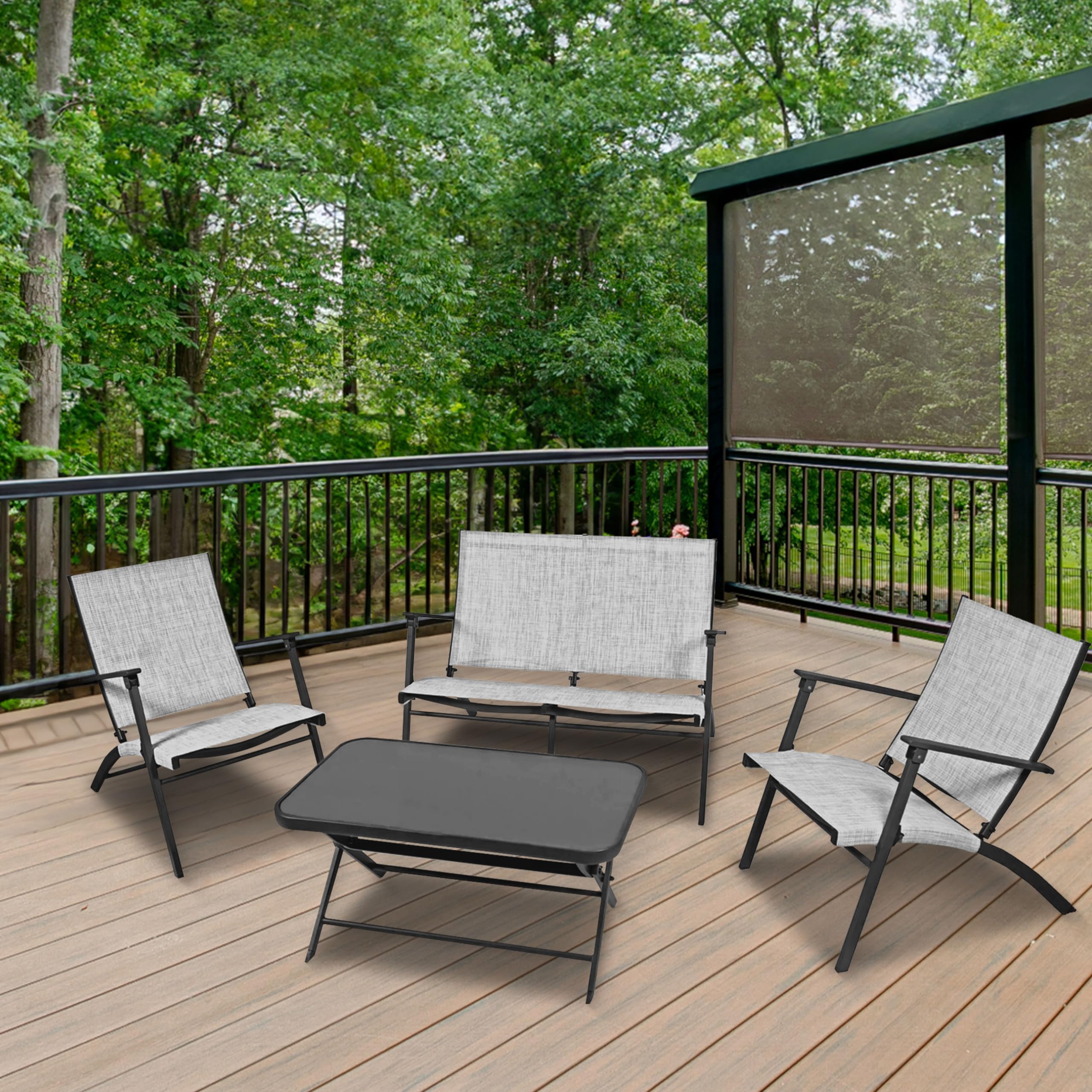 Novara 4-Piece Steel Folding Outdoor Patio Furniture Set - 2 Chairs, 1 Loveseat & Table in Tan/Espresso - Perfect for Garden, Backyard, Poolside & Patio Relaxation