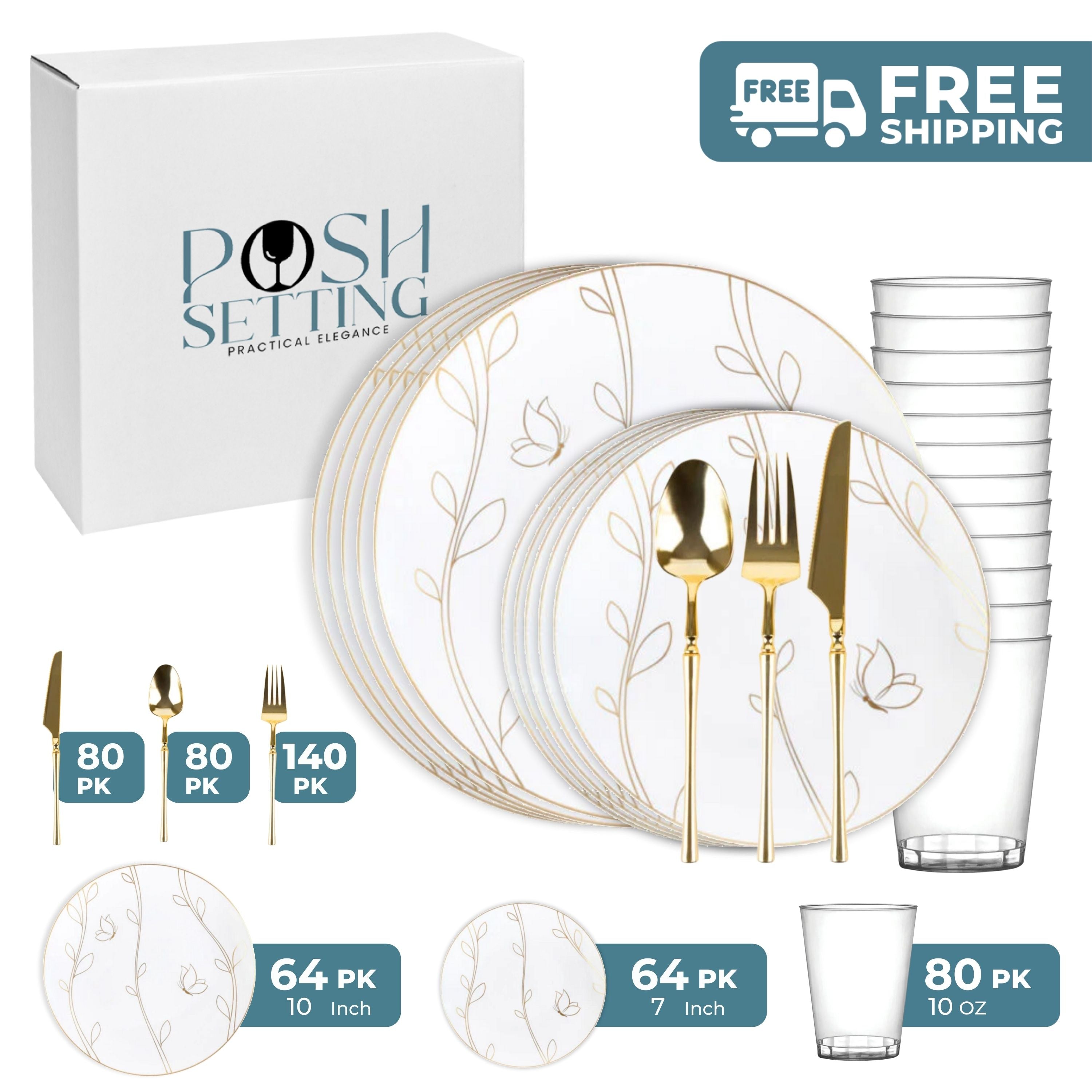 White and Gold Plastic Party Bundle - Elegant Disposable Tableware Set for Weddings, Birthdays & Events - Plates, Cups, Forks & Napkins (50-Pack) - Perfect for Celebrations, Baby Showers & Dinner Parties