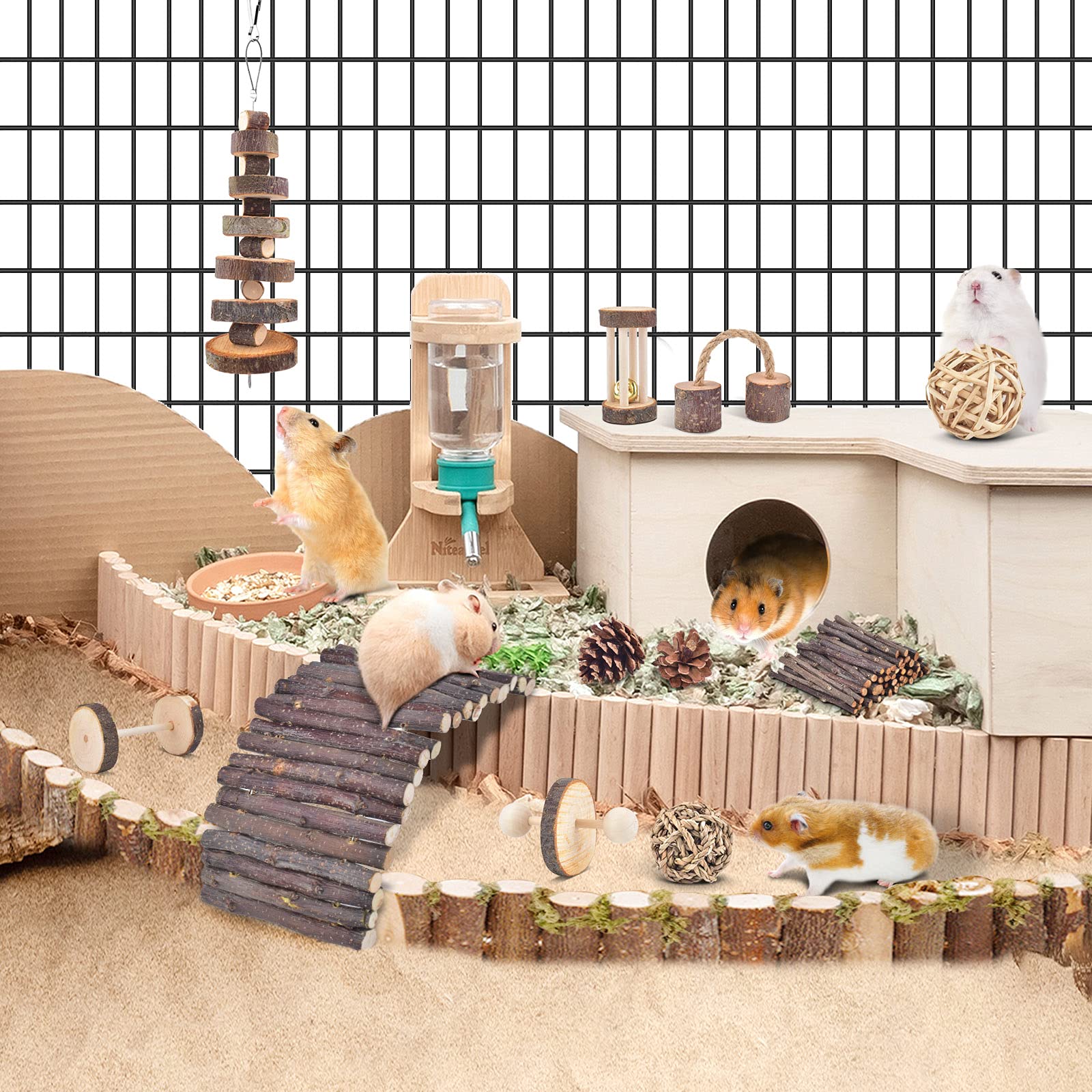 ERKOON 11 Pack Natural Apple Wood Chew Toys for Chinchillas, Hamsters, Gerbils, Rats & Guinea Pigs - Teeth Care Accessories with Ladder, Bell & Roller - Perfect for Cage Enrichment & Small Pet Dental Health