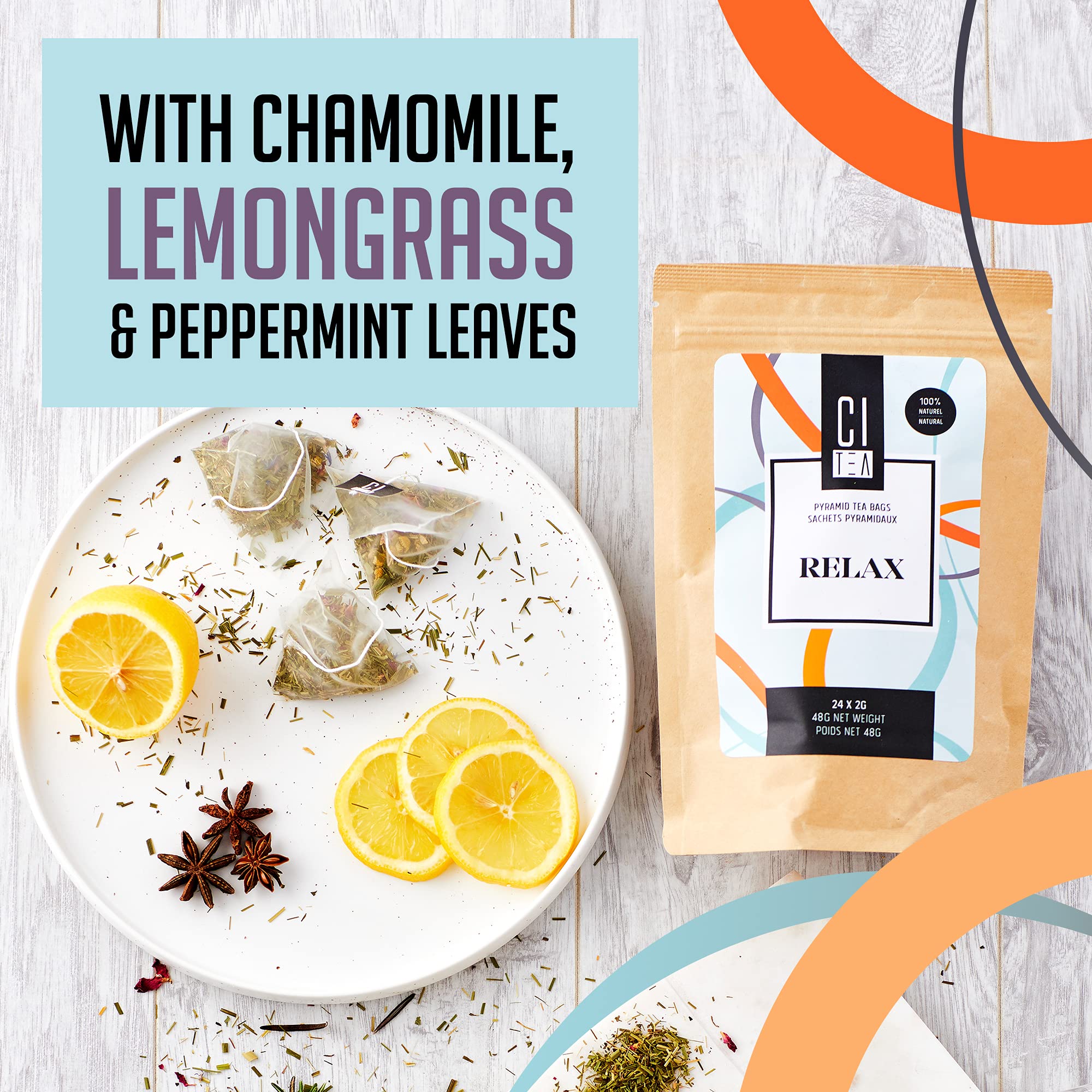 Citea - Relax Herbal Tea, Caffeine-Free Daily Wellness Tea in Crystal Clear Pyramid Tea Bags, 2g x 24 Bags (48g, 2 Pack) - Perfect for Stress Relief, Evening Relaxation & Bedtime Routine
