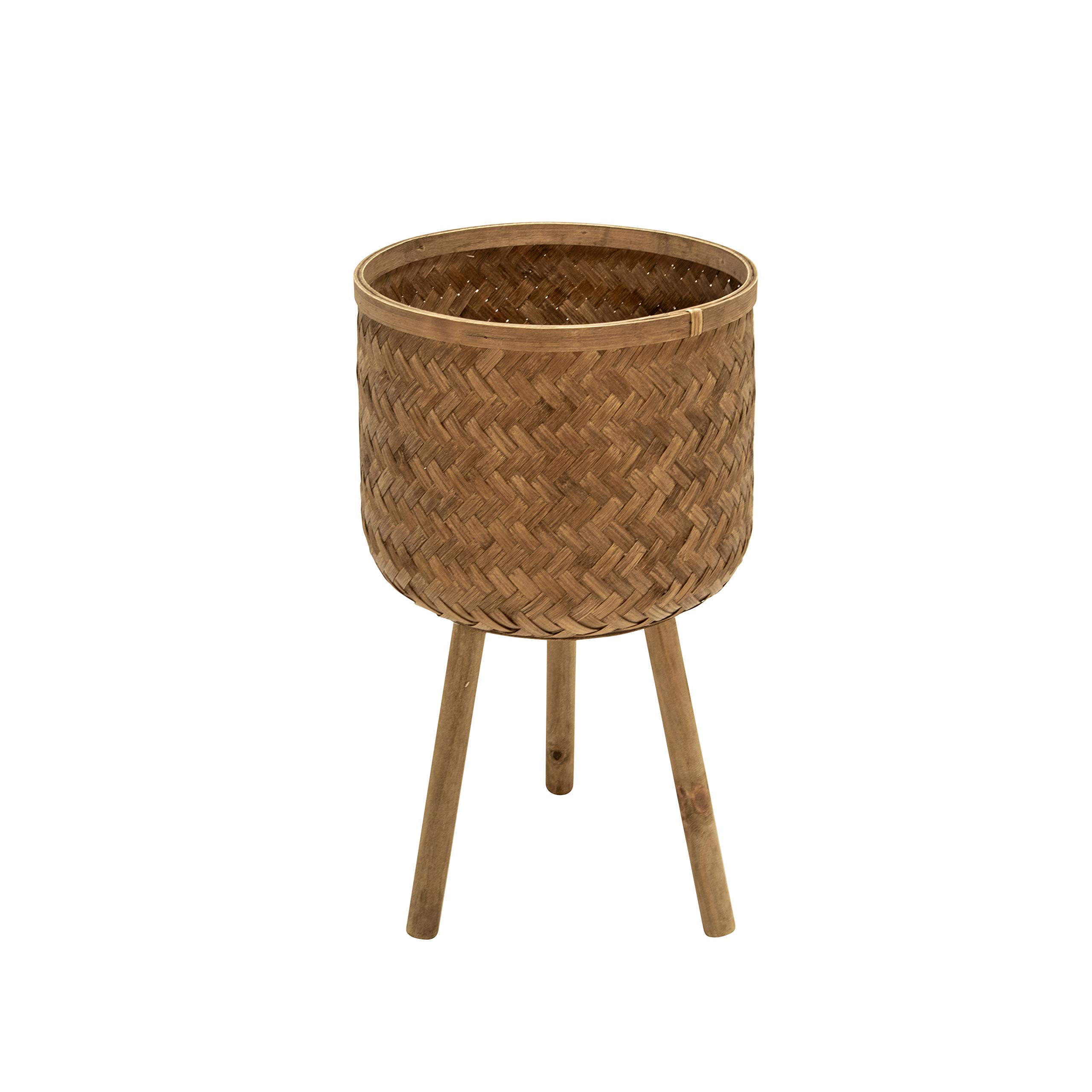 Sagebrook Home Set of 3 Wooden Planters with Stands – Natural Bamboo & Pine Plant Pots, Handwoven Brown Design for Indoor & Outdoor Decor, 22