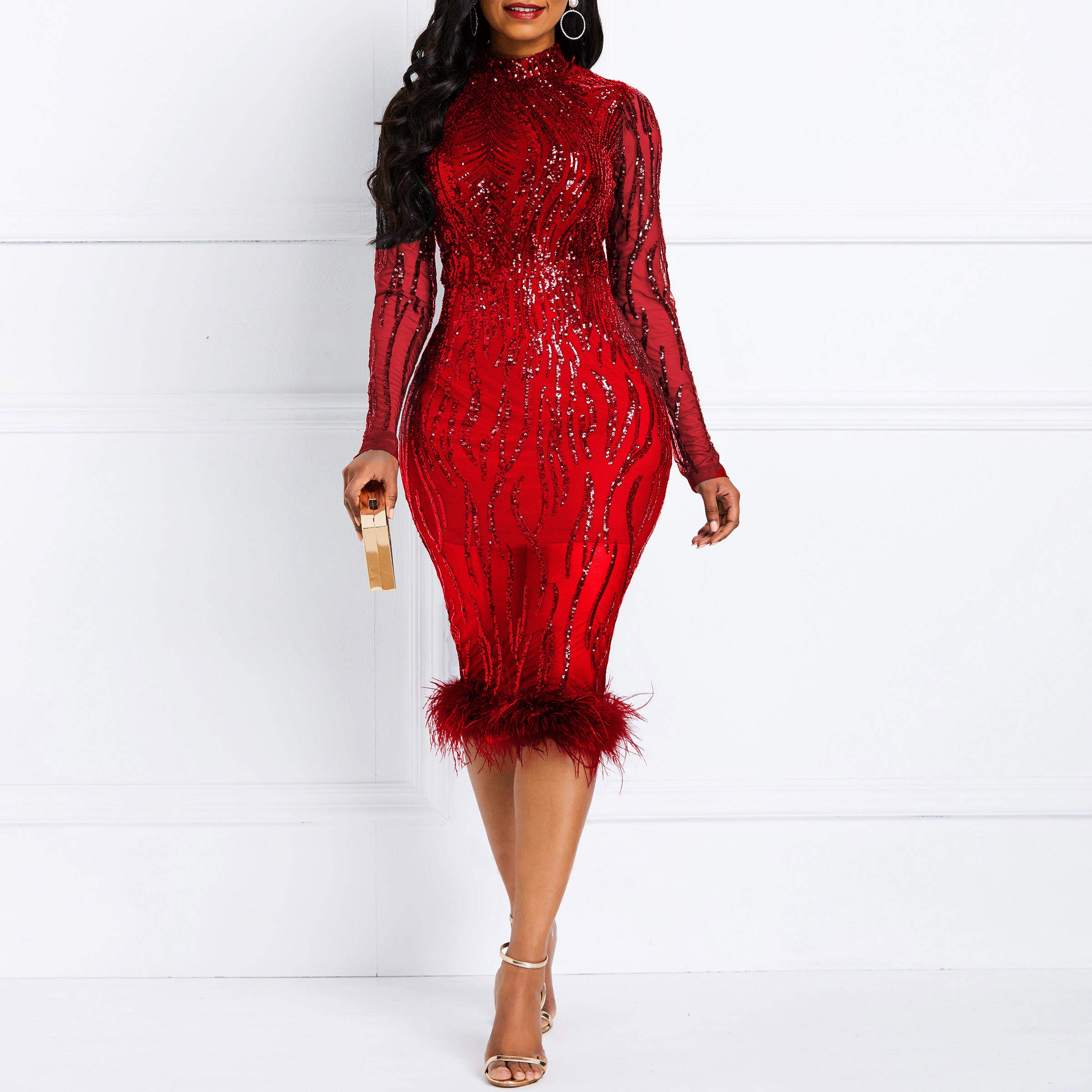 VERWIN Women's Sequins Patchwork Bodycon Dress - Long Sleeve Elegant Plume Maxi Dress for Party, Evening, and Special Occasions