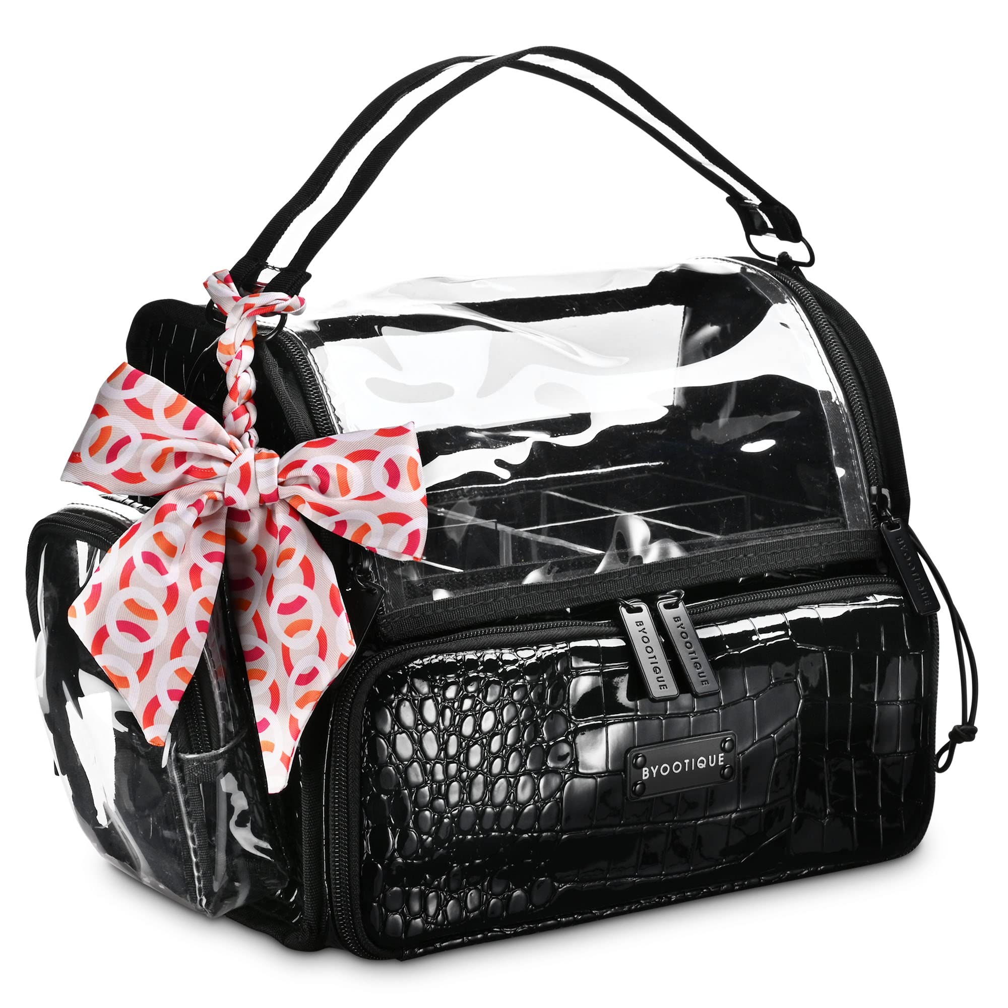 BYOOTIQUE Professional Makeup Brush Case - Large Travel Cosmetic Organizer Bag with Adjustable Dividers, Shoulder Strap & Wrapped Ribbon - Portable Artist Brush Holder for Makeup Artists & Beauty Enthusiasts (Black) | Perfect for Travel, Home Storage & Professional Use