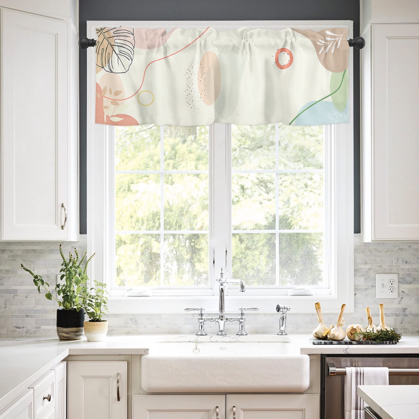 Modern Simple Abstract Boho Leaf Block Print Rod Pocket Window Valance Curtain Panel - Kitchen & Cafe Curtain Topper for Small Windows, Home Decor, Drape Treatment | Perfect for Boho Chic, Farmhouse & Minimalist Interior Design Styles
