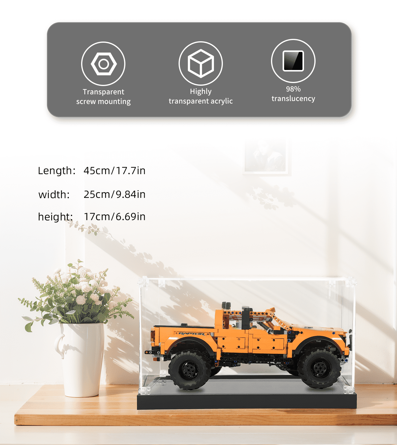LEGO 42126 Technic Ford F-150 Raptor Display Case - Clear Protective Showcase for Collectible Model Cars - Perfect for Home Office Decor & Toy Storage