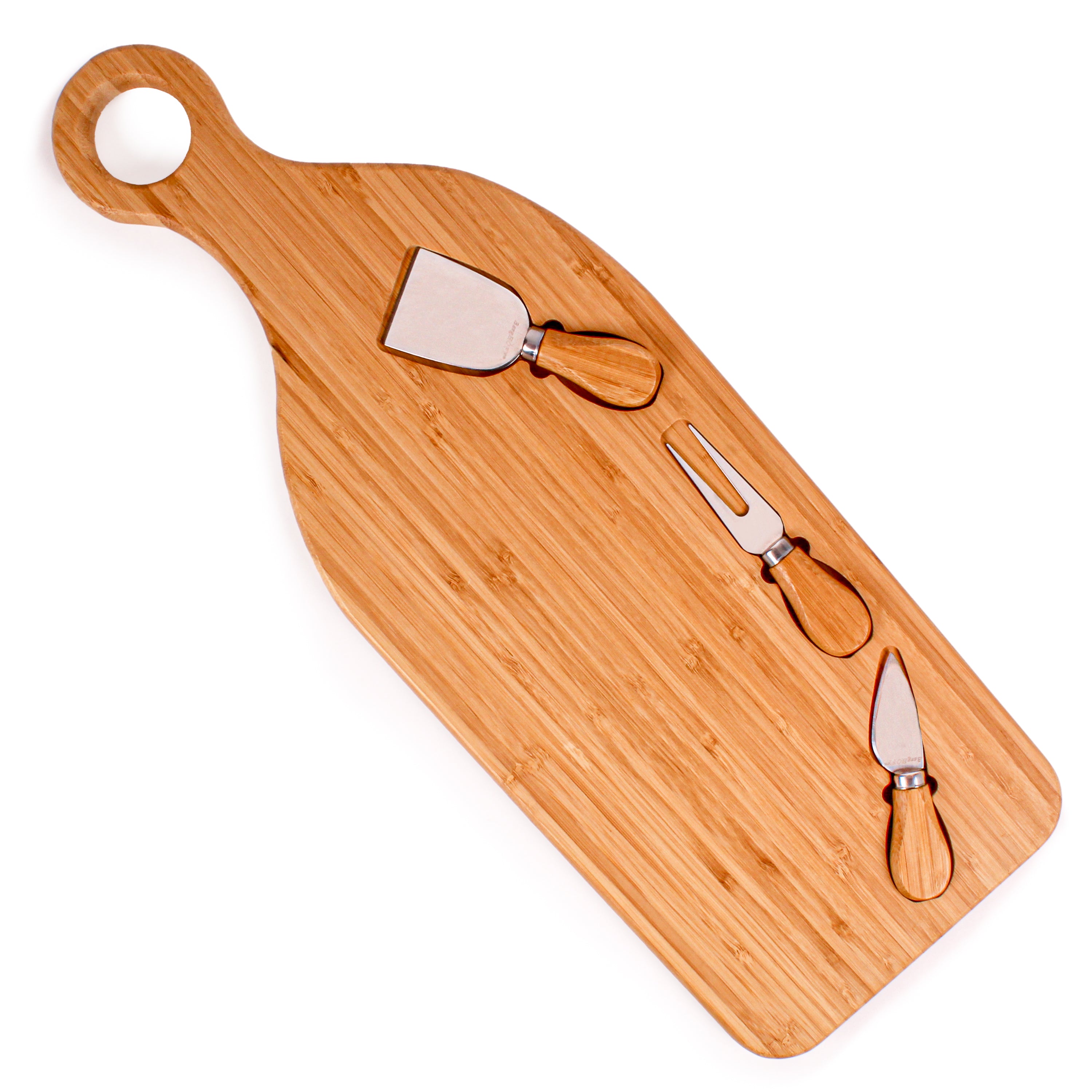 BergHOFF 4-Piece Stainless Steel Cheese Knife Set with Bamboo Paddle Board - Perfect for Charcuterie, Cheese Platters & Entertaining (22x7.9x1 Inch)