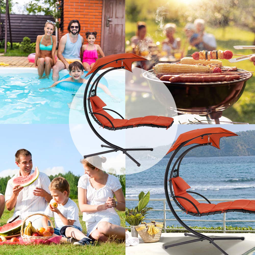 Dkelincs Hanging Egg Chair - Outdoor Swing Chair with Canopy Umbrella & Cushion, Heavy Duty Curved Chaise Lounge for Porch, Patio, Backyard - Perfect for Relaxing, Sunbathing & Reading in Your Garden