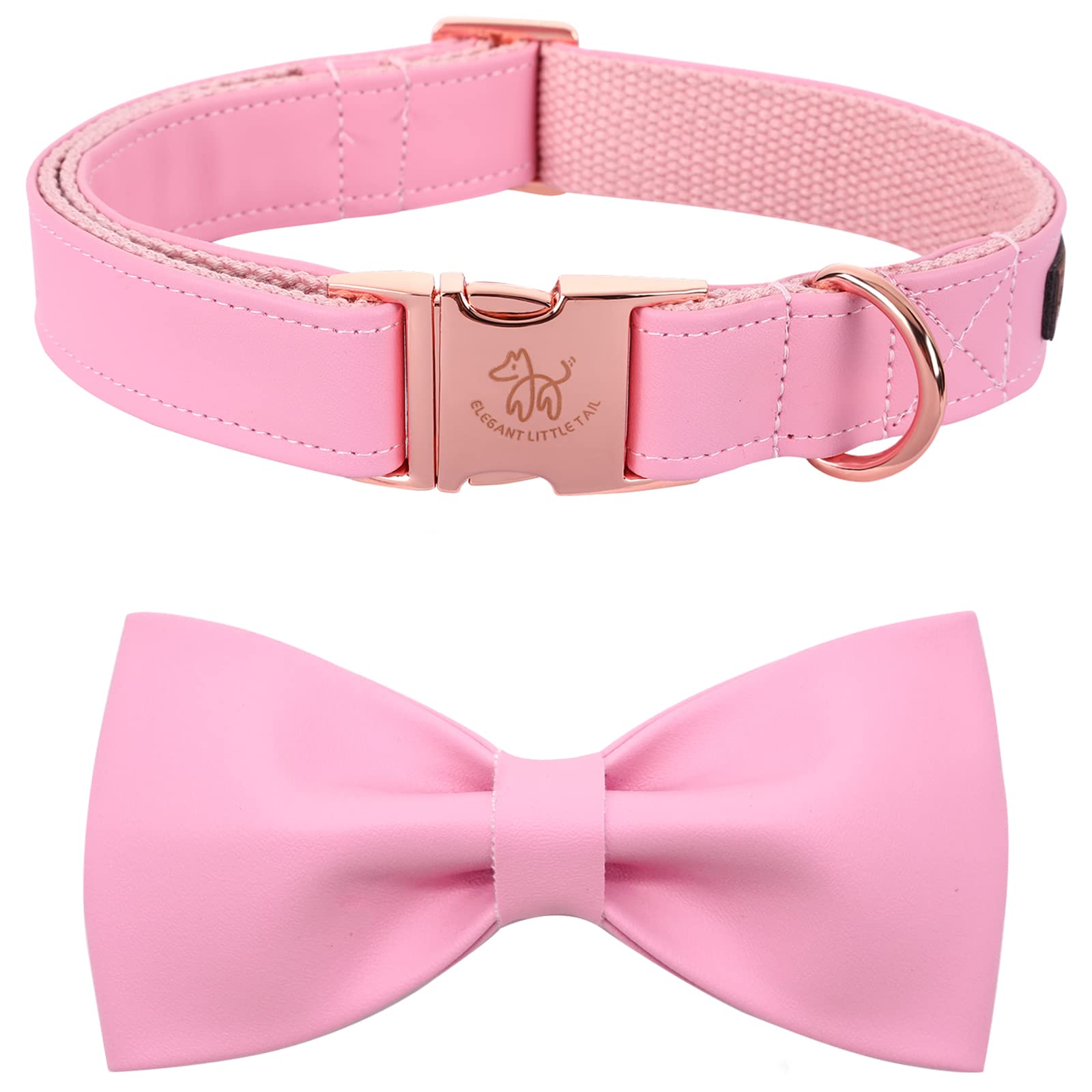 Premium Pink Leather Dog Collar with Elegant Bow - Adjustable Cute Bowtie Collar for Medium Size Dogs | Perfect for Daily Walks, Pet Photos & Special Occasions