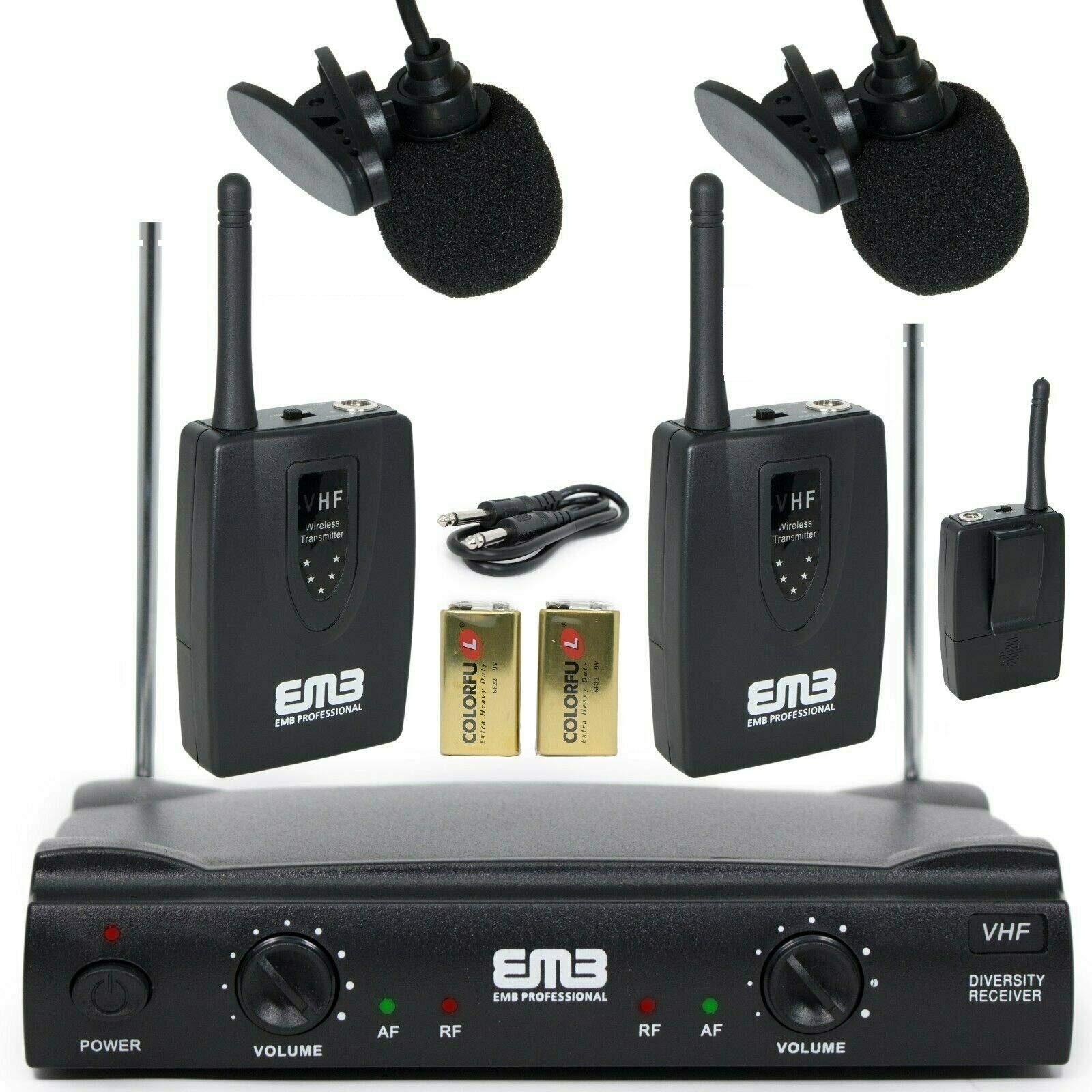 Professional EMB 51L-Dual VHF Wireless Microphone System with 2 Lavalier Mics - Cordless Receiver for Meetings, Events & Speeches | Super Heterodyne Space Diversity Technology | Perfect for Conference Rooms, Churches & Stage Performances