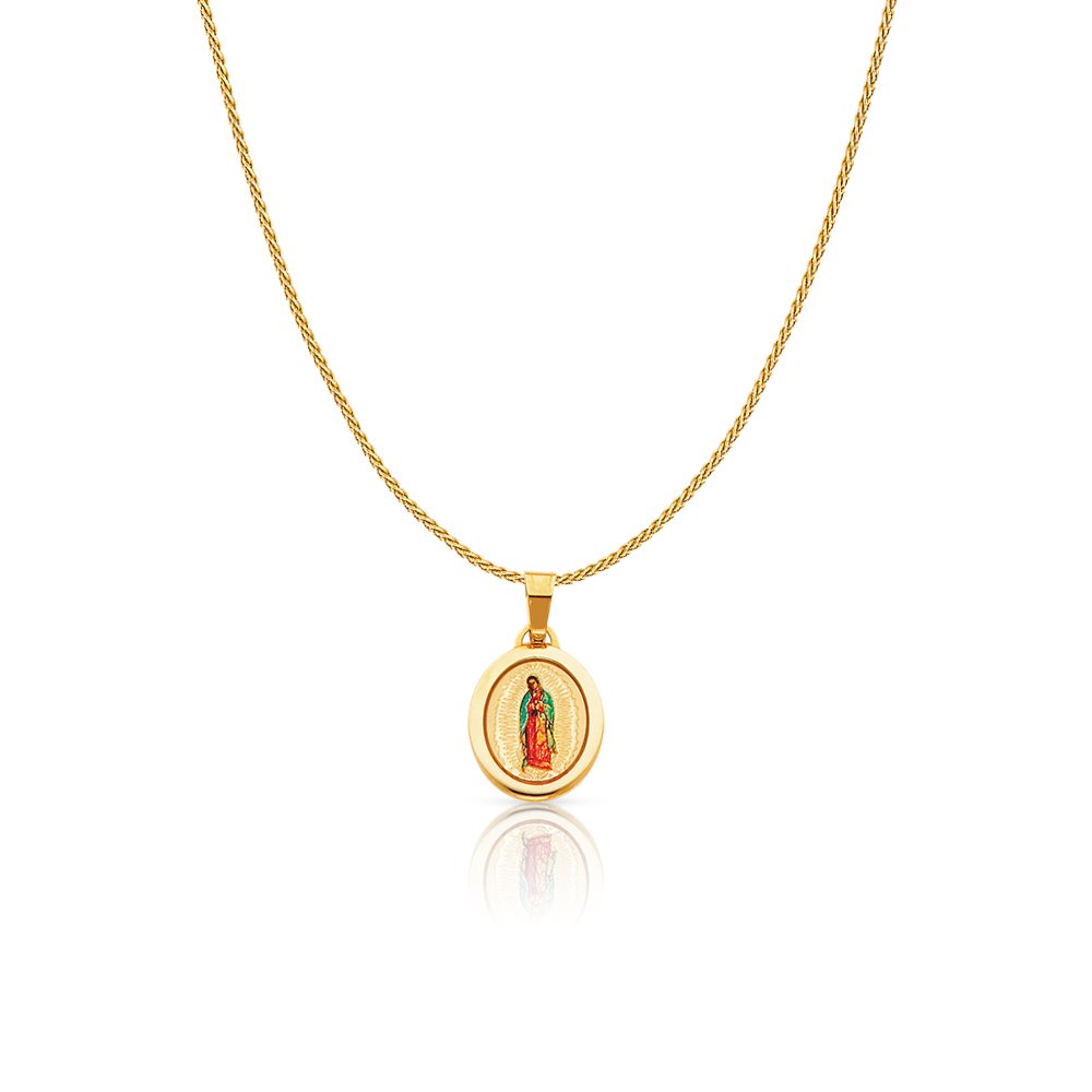 14K Yellow Gold Our Lady of Guadalupe Religious Charm Pendant with 0.9mm Wheat Chain Necklace - Perfect for Baptism Gifts, First Communion Jewelry & Catholic Faith Expressions